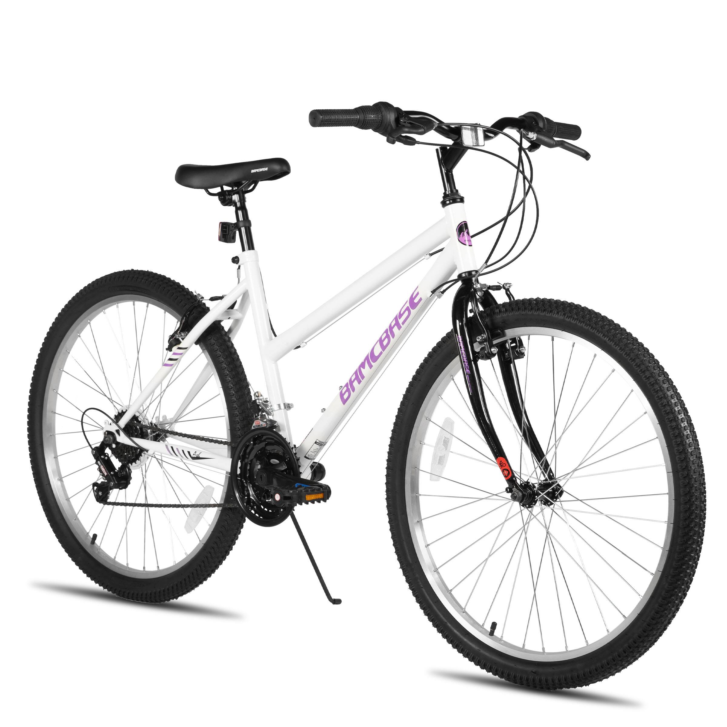 HILAND - BAMCBASE Lavender 26'' Step-through Mountain Bike with 18-Speed, High-Tensile Steel Frame Bicycle, MTB Women - White