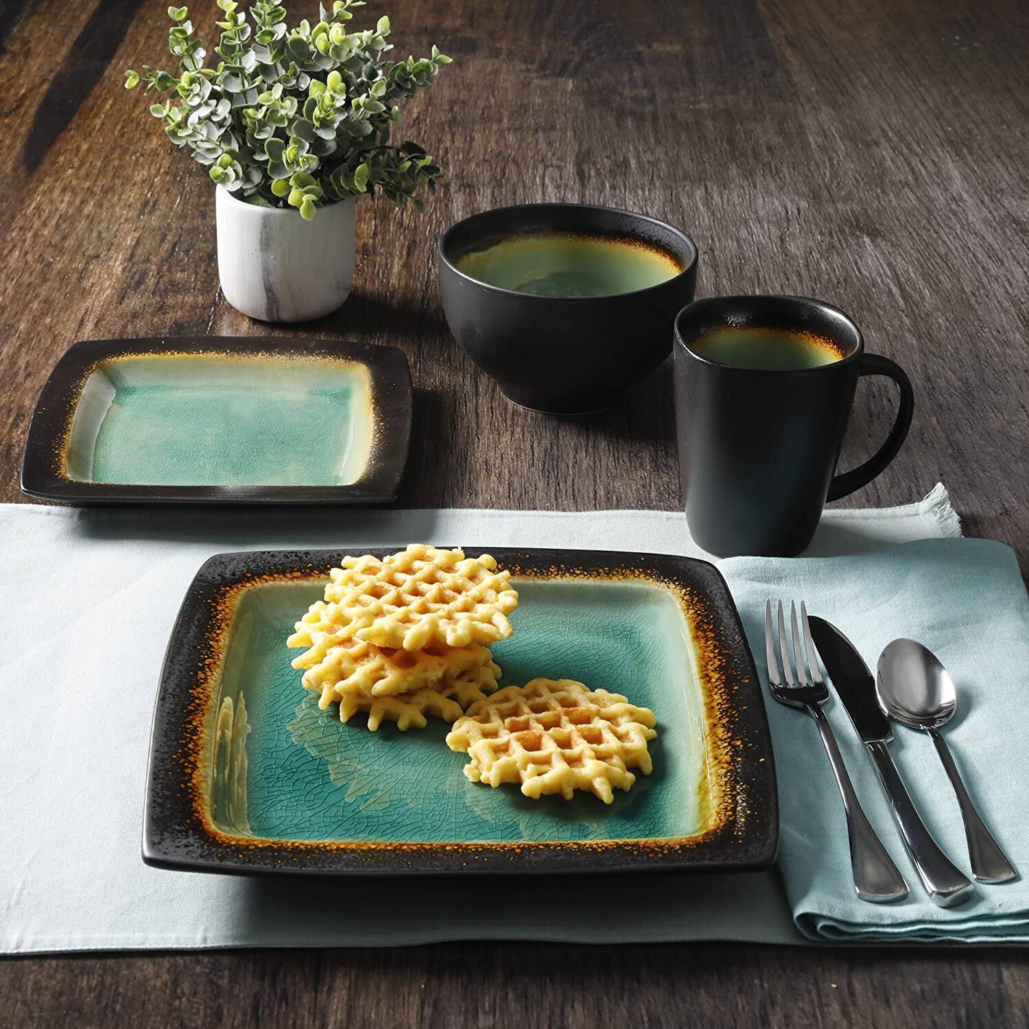 Alt View 4. Gibson - Gibson Elite Ocean Paradise 16Pc Square Glazed Dinnerware Kitchen Dish Set, Jade - Jade.