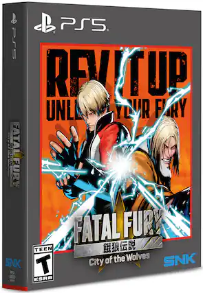The image features a video game called Fatal Fury: City of the Wolves, which is available on the PlayStation 5 (PS5) console. The game is rated Teen and is developed by SNK. The image showcases two characters from the game, with one character on the left side and the other on the right side. The game is likely an action-packed fighting game, as it is part of the Fatal Fury series. - T (Teen 13+)