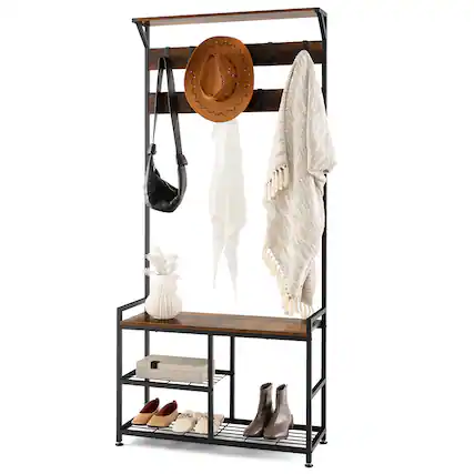 Front. Costway - Costway Costway 3-in-1 Coat Rack Industrial Hall Tree Shoe Bench Entryway Storage Shelf with Hooks - Rustic Brown.