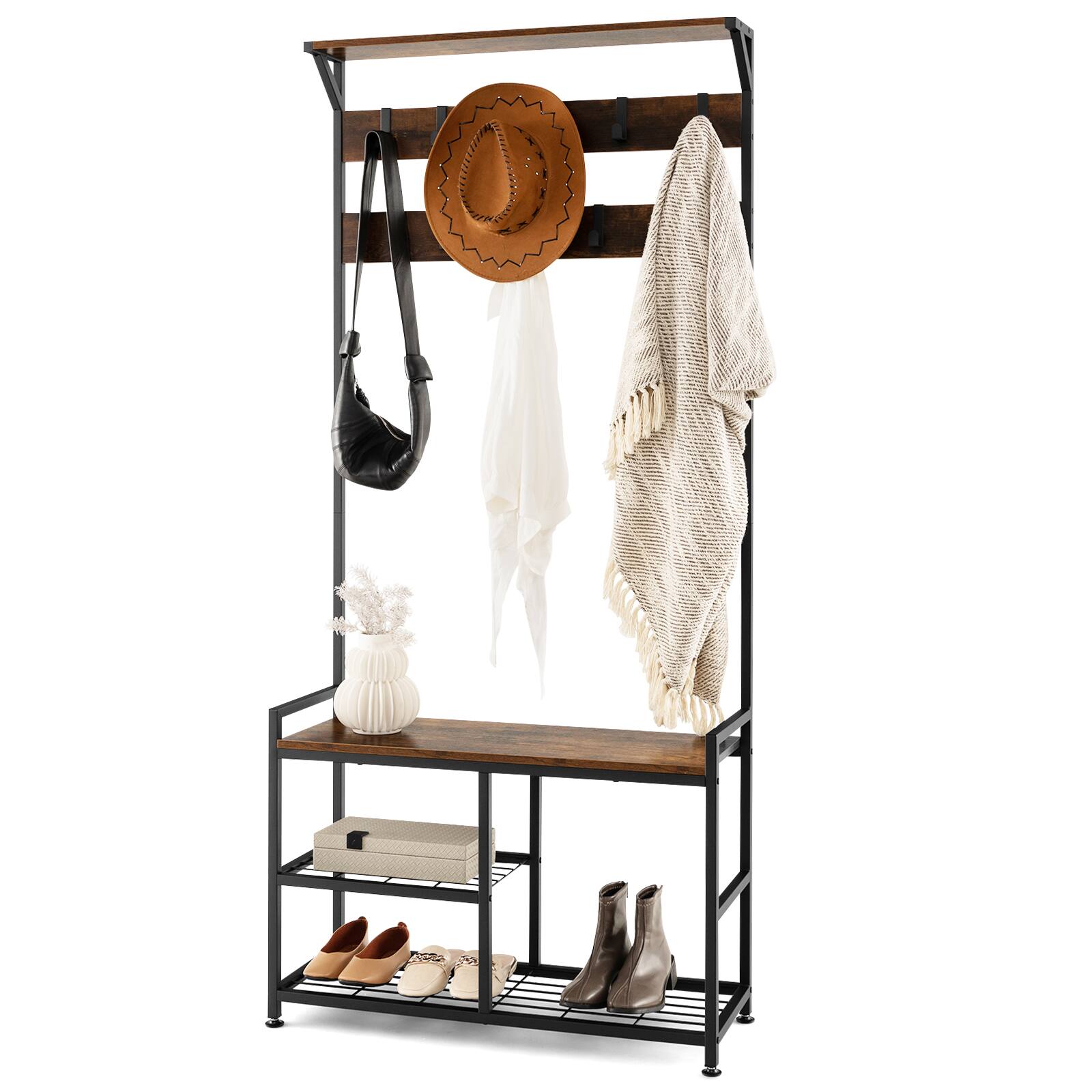 Costway 3-in-1 Coat Rack Industrial Hall Tree Shoe Bench Entryway Storage Shelf with Hooks - Rustic Brown