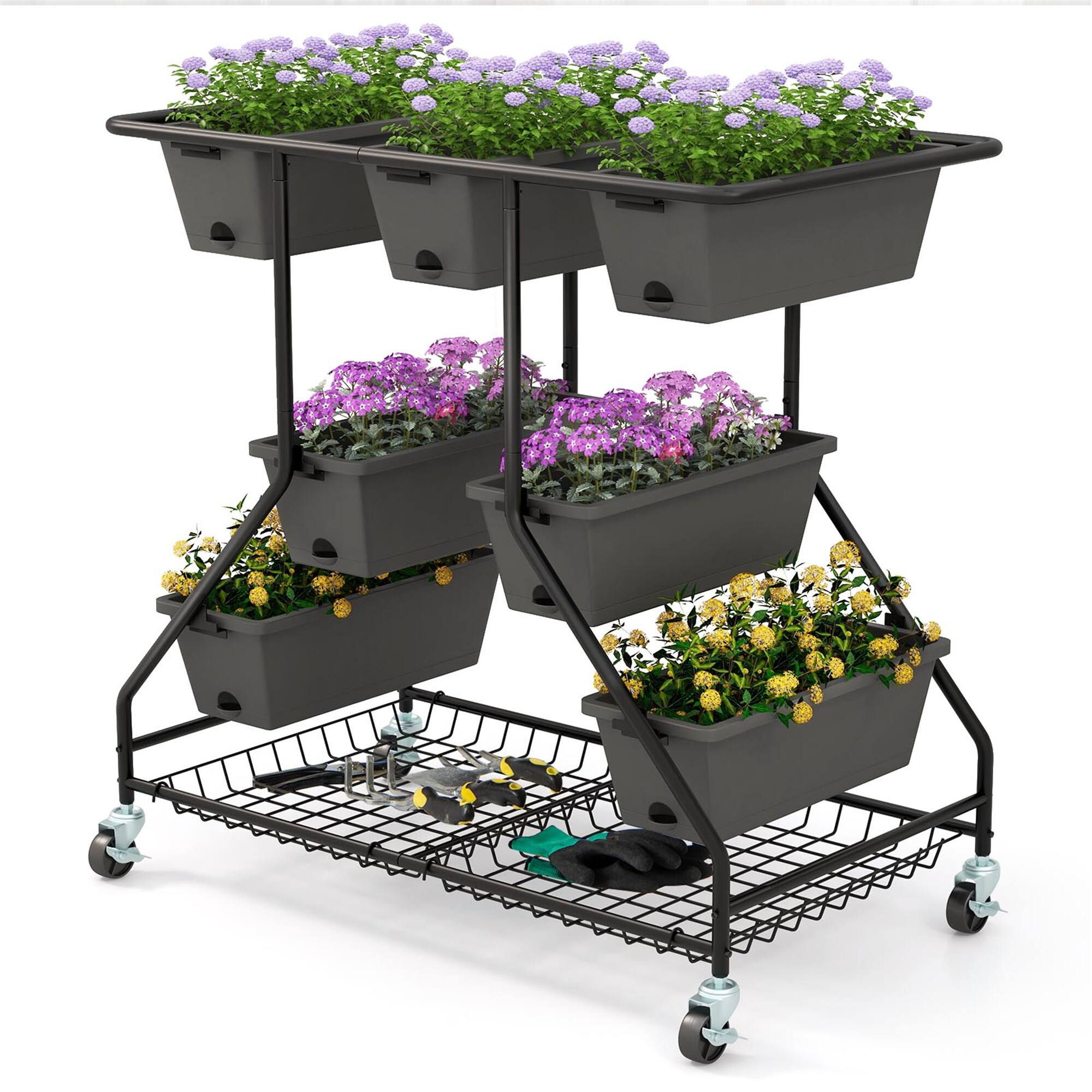 Front. Gymax - Gymax 3-tier Vertical Raised Garden Bed w/ 7 Planter Boxes Drainage Holes Storage Shelf - Grey, Black.