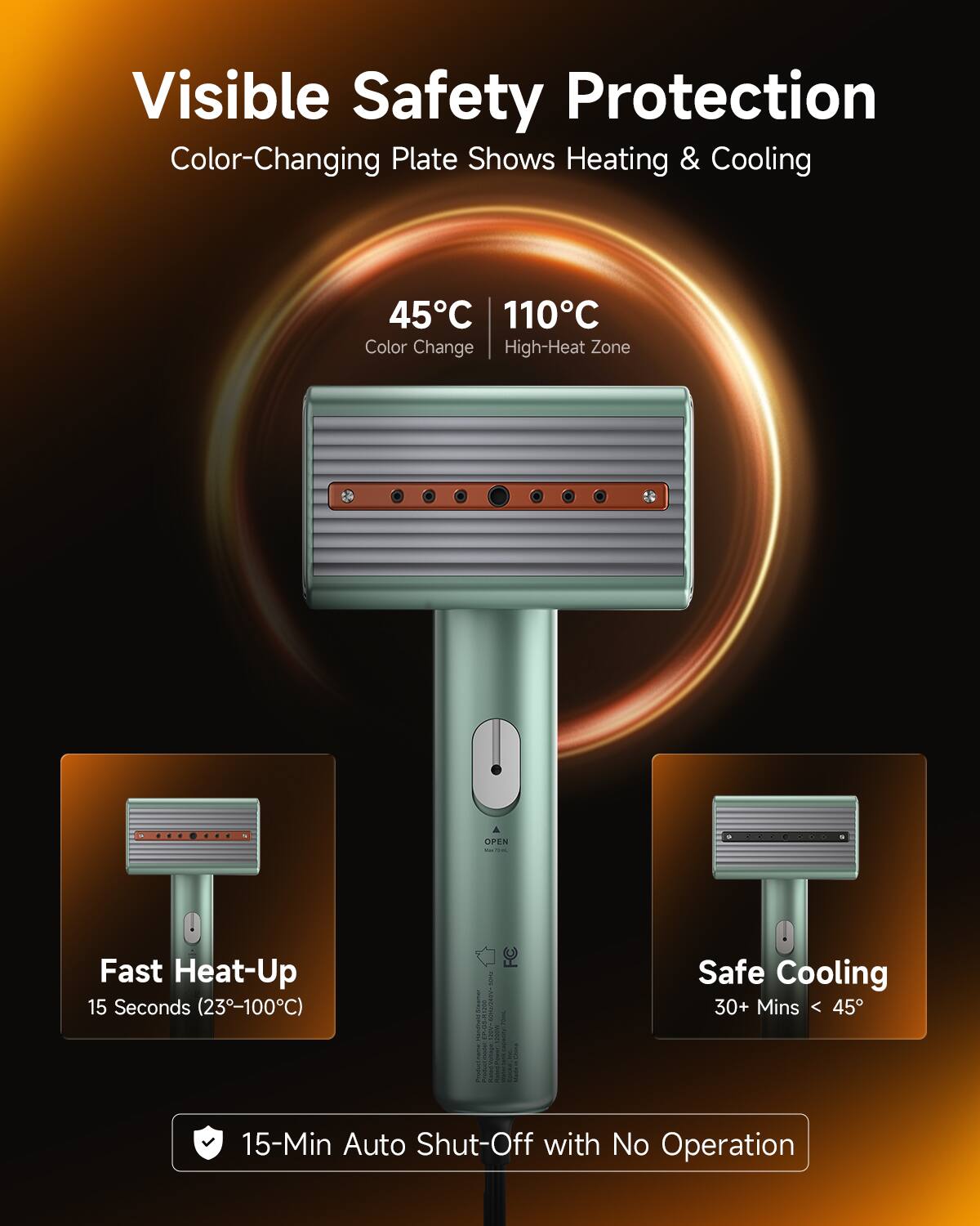 Visible Safety Protection  
Color-Changing Plate Shows Heating & Cooling  
45°C 110°C Color Change High-Heat Zone  
OPEN - 5%  
Fast Heat-Up 15 Seconds (23-100°C)  
- PRESSERVER - Presel  
GOOD MEDIAL  
Safe Cooling 30+ Mins < 45  
15-Min Auto Shut-Off with No Operation