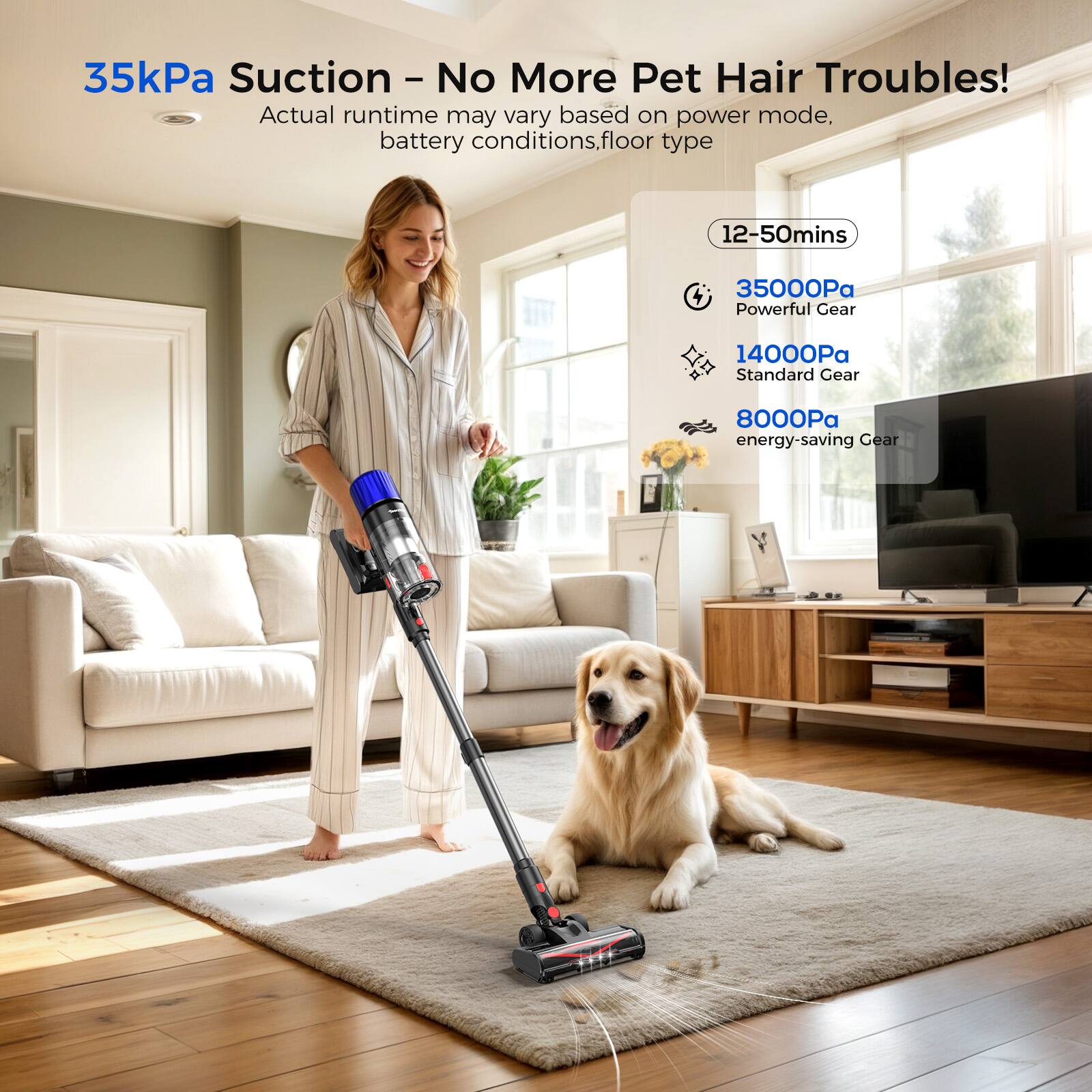 35kPa Suction - No More Pet Hair Troubles!  
Actual runtime may vary based on power mode, battery conditions, floor type  

12-50mins  

35000Pa  
Powerful Gear  

14000Pa  
Standard Gear  

8000Pa  
energy-saving Gear