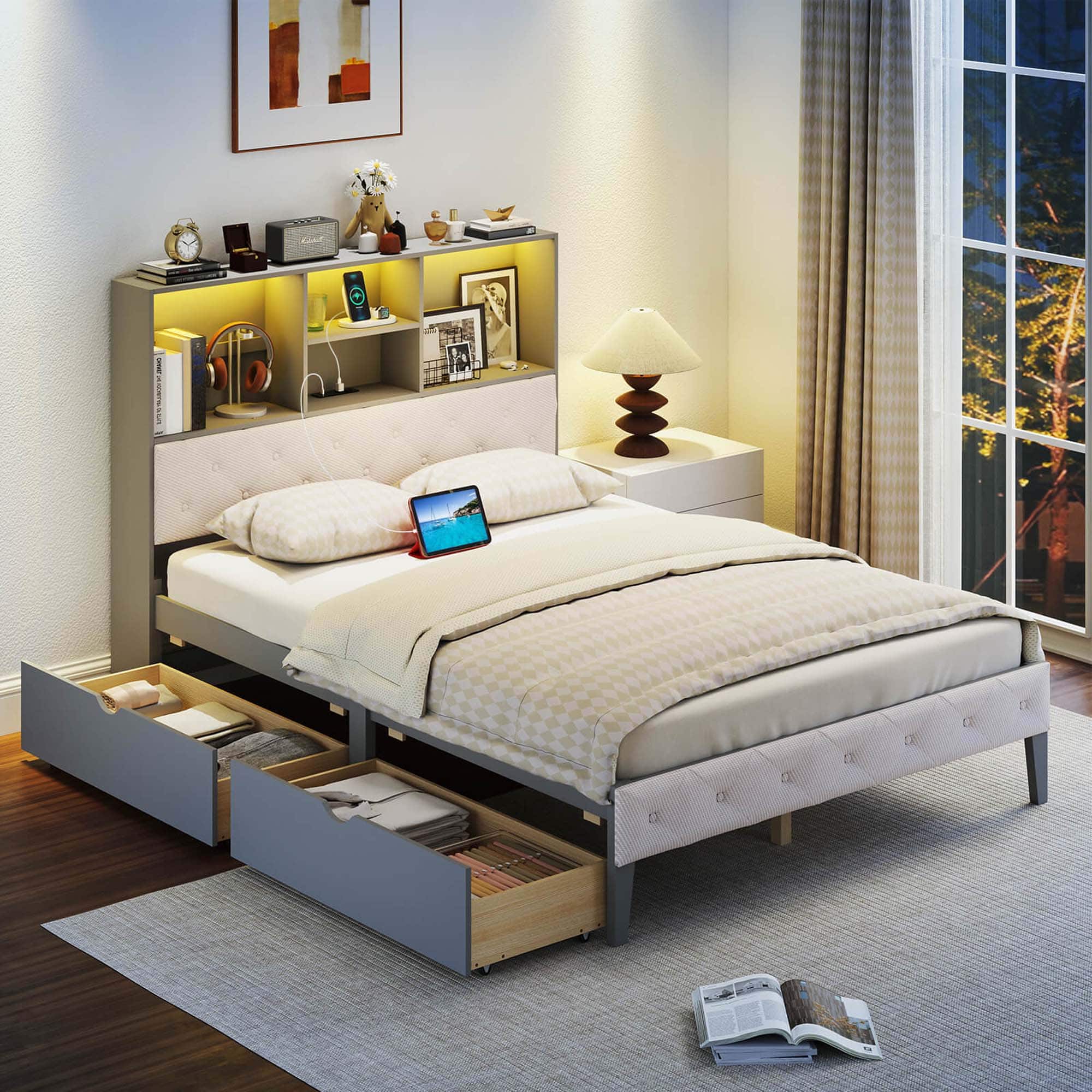 Alt View 4. Costway - Full Size Bed Frame with Bookcase Headboard Storage Bed with LED Lights - Gray.