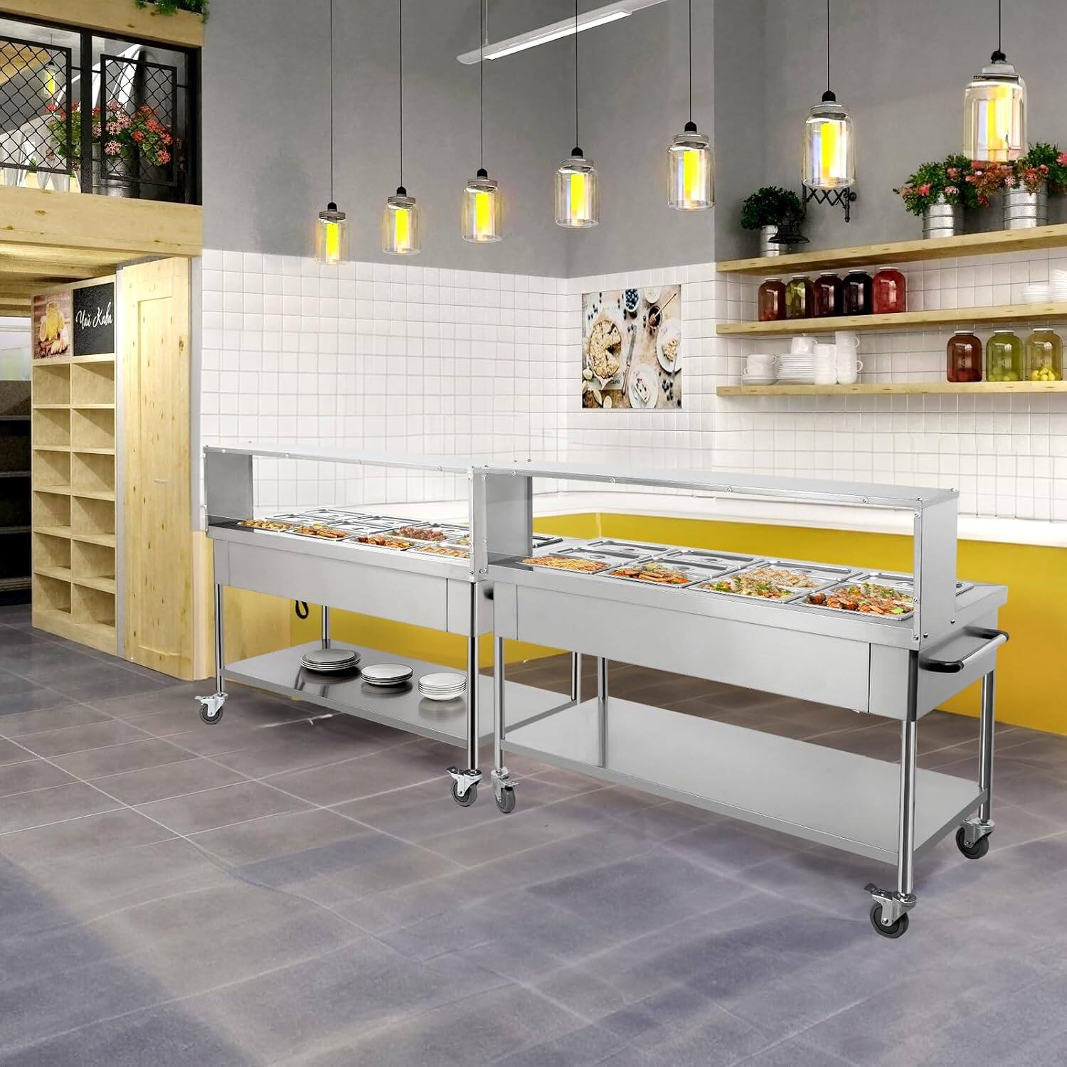 Alt View 7. Winado - 96QT 1500W Electric Commercial Food Warmer, 12-Pan Steam Table 8QT/Pan Stainless Steel Bain Marie with Acrylic Shield - Silver.