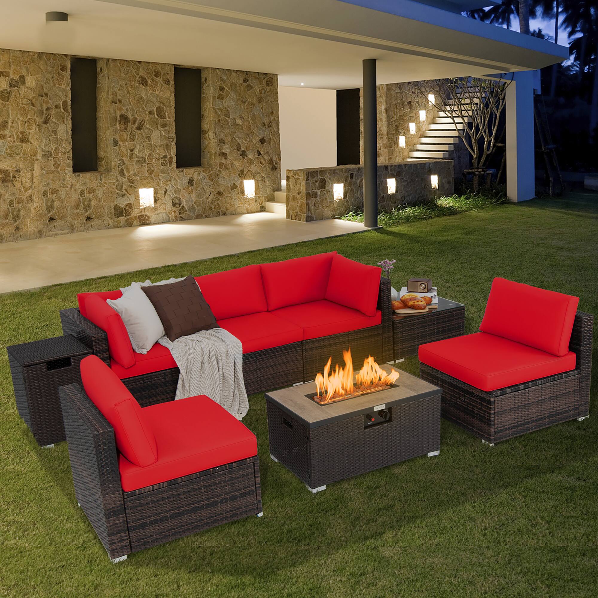 Alt View 1. Costway - Costway 8PCS Patio Rattan Furniture Set Fire Pit Table Tank Holder Cover Deck - Mix Brown,Red.