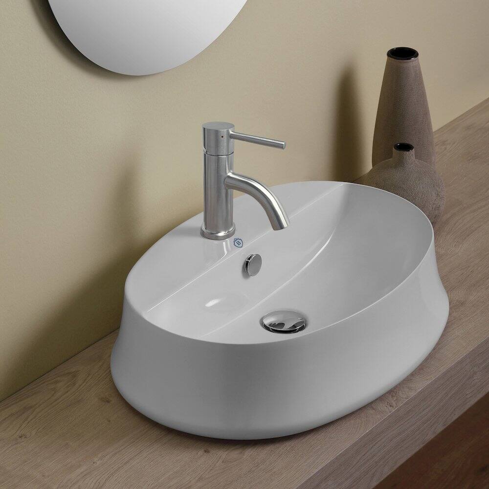 Angle. Whitehaus - Britannia Oval Above Mount Basin with Single Faucet Hole Drill - White.