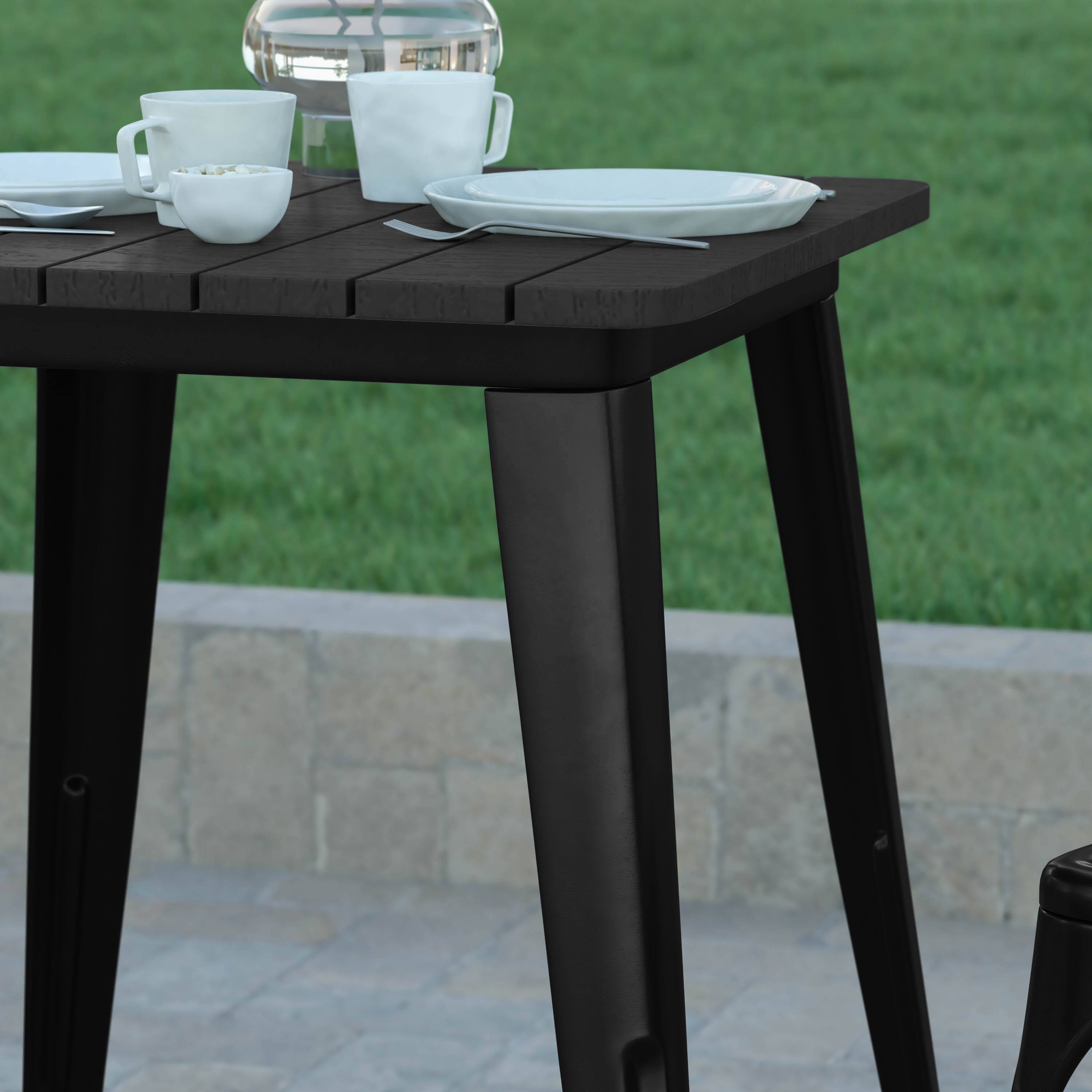 Alt View 4. Emma + Oliver - Drew Indoor/Outdoor Dining Table, 23.75" Square All Weather Poly Resin Top with Steel Base - Black Top/Black Frame.