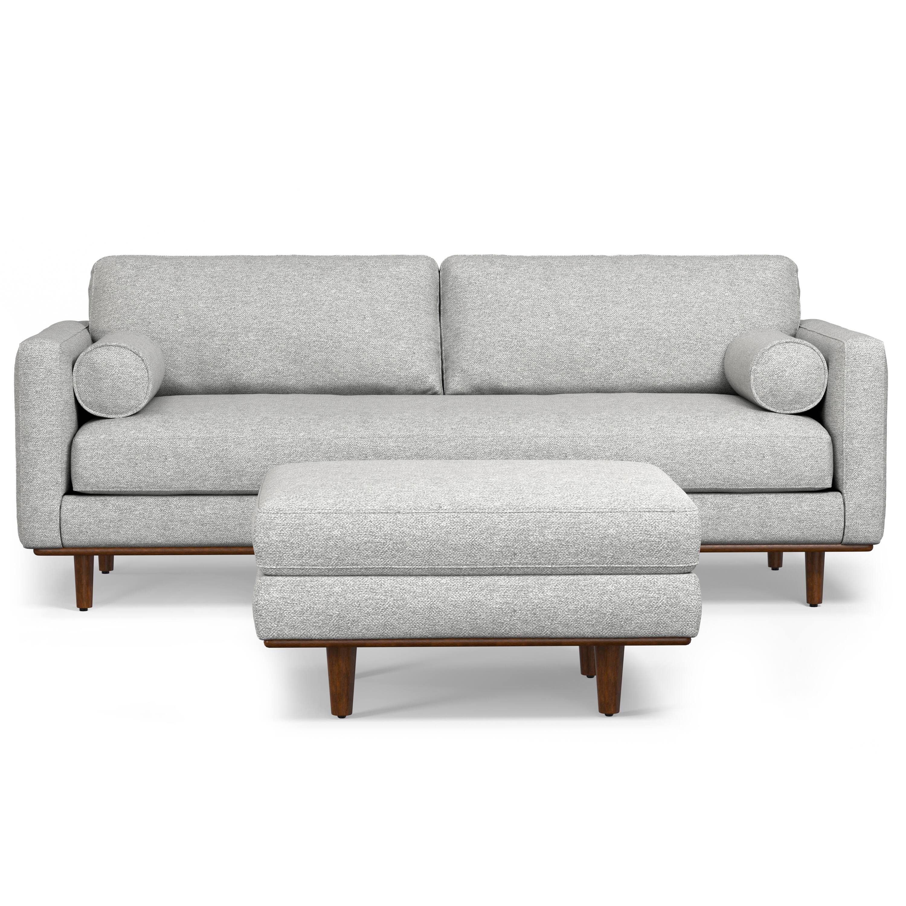 Left. Simpli Home - Morrison Mid-Century Modern 89 inch Wide Sofa with Ottoman Set in Mist Grey Tightly Woven Performance Fabric - Mist Grey.