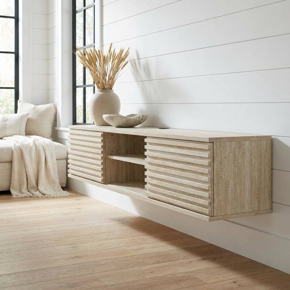 Angle. FurniFact - Gray faux wall-mount media console, solid construction, 70-inch design - Gray.