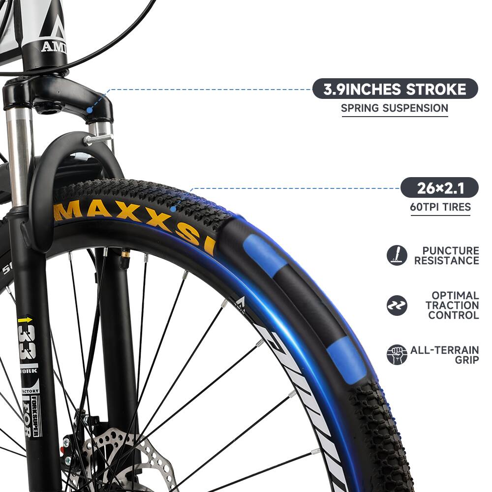 3.9 Inches Stroke  
Spring Suspension  

26x2.1  
60TPI Tires  

Maxxis  

Puncture Resistance  
Optimal Traction Control  
All-Terrain Grip