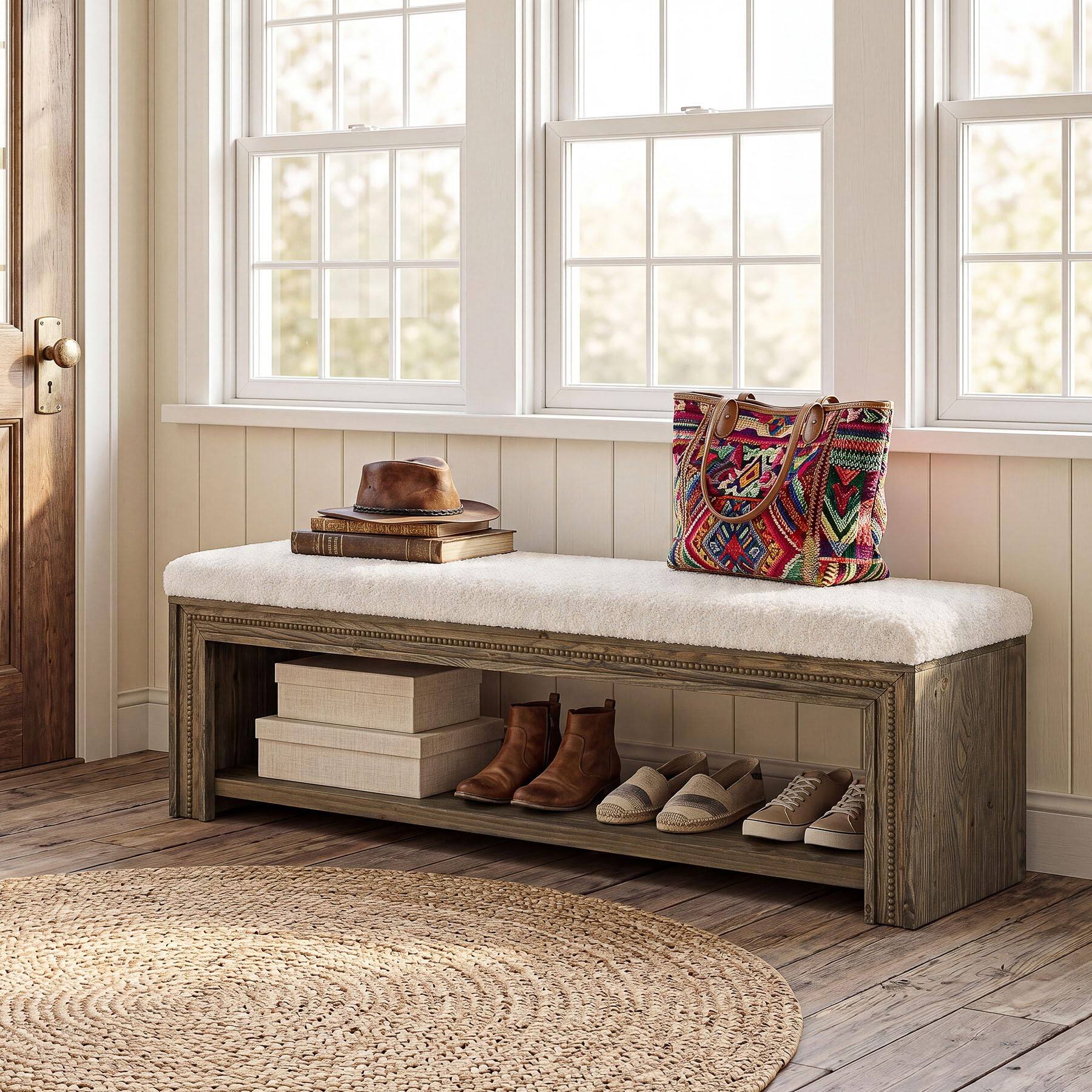 Back. Tribesigns - 55" Solid Wood Entryway Shoe Bench with Shoe Shelf - Brown&white.
