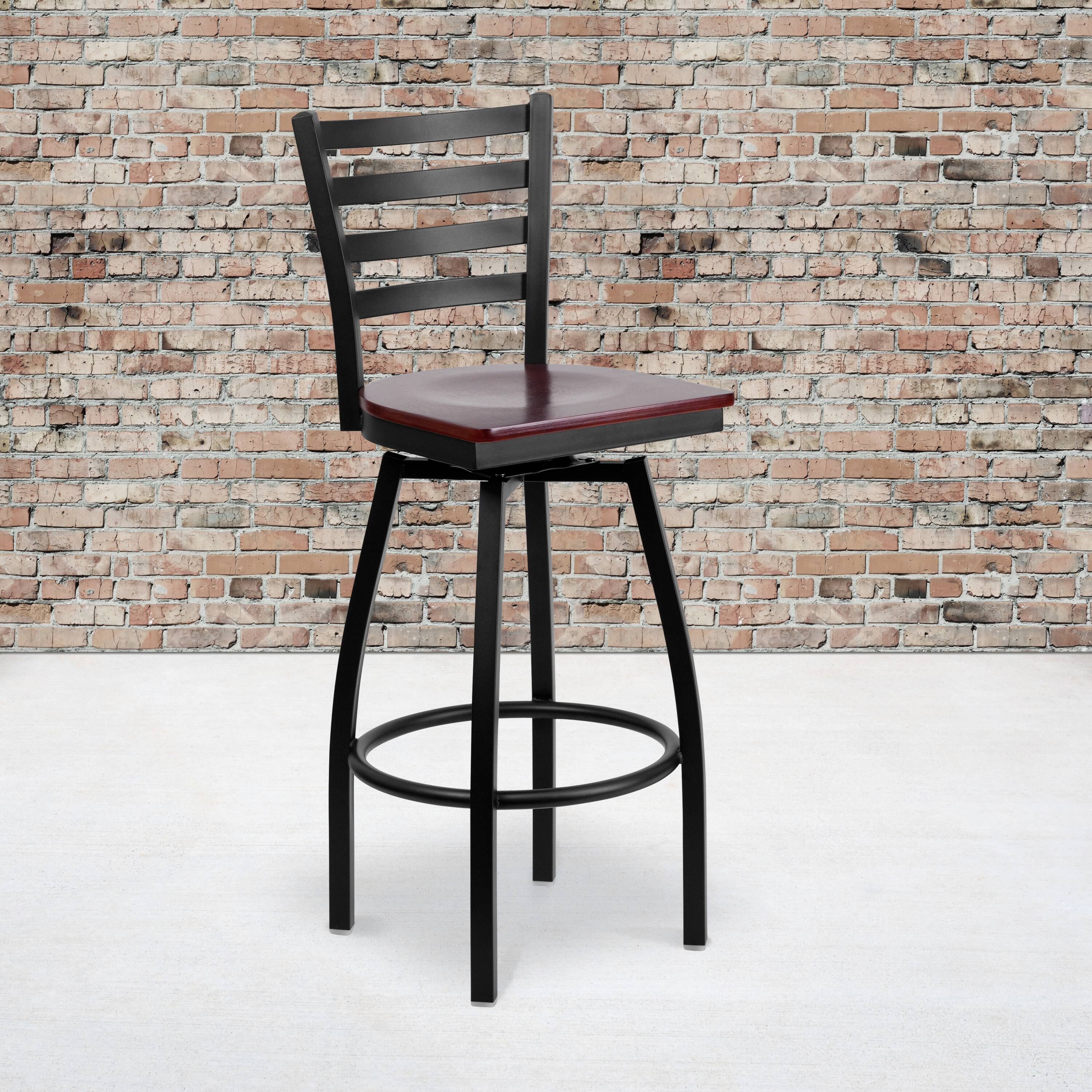 Angle. Flash Furniture - HERCULES Series Black Ladder Back Swivel Metal Barstool - Mahogany Wood Seat - Brown.