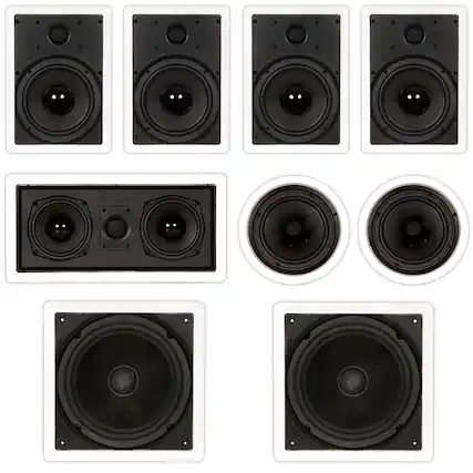 Front. Theater Solutions by Goldwood - TST87 in Wall and in Ceiling 8" Speakers Home Theater 7.2 Speaker System - Paintable White.