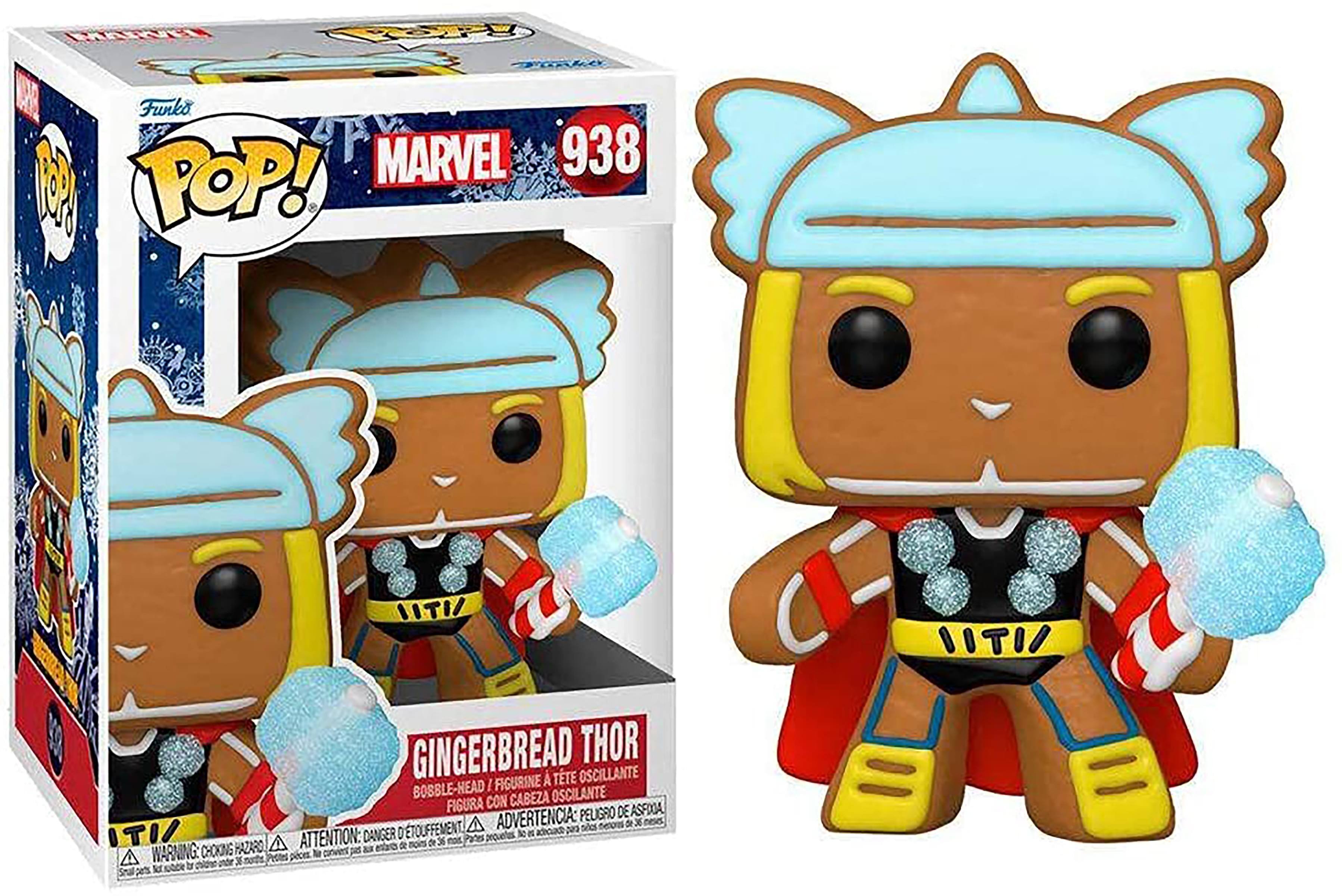 Sure, here is the corrected and grouped text from the image:

---

**Funko POP! MARVEL 938**

**Gingerbread Thor**

**BOBBLE-HEAD / FIGURINE À TÊTE OSCILLANTE / FIGURA CON CABEZA OSCILANTE**

**WARNING: CHOKING HAZARD - Small parts. Not for children under 3 years.**

**ATTENTION: DANGER D'ÉTOUFFEMENT - Petite pièce. Ne convient pas aux enfants de moins de 3 ans.**

**ADVERTENCIA: PEQUEÑO OBJETO QUE PUEDE CAUSAR ASFIXIA. NO ES APTO PARA NIÑOS MENORES DE 3 AÑOS.**

---

**IITI**