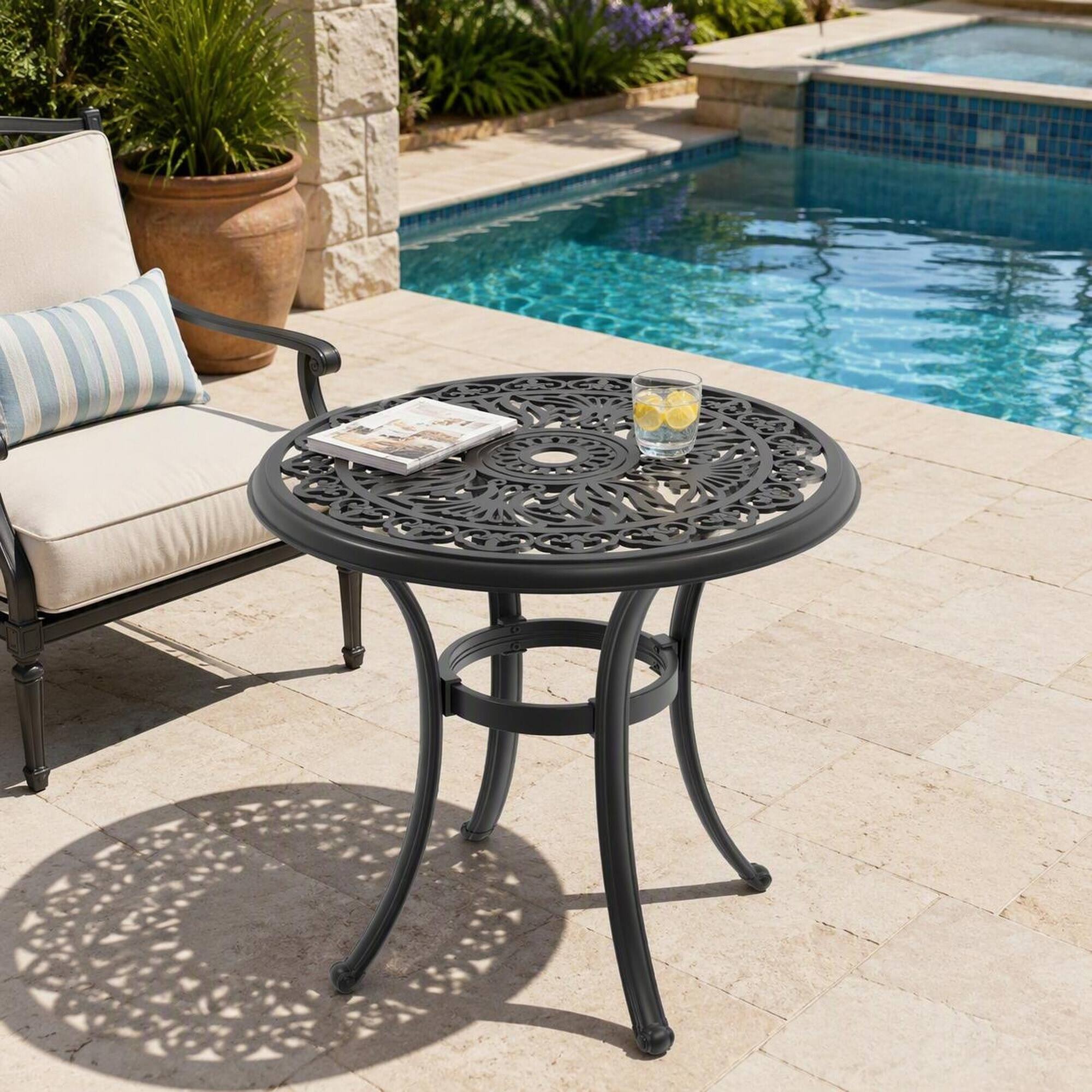 Alt View 1. RYHNUYNE - 26.77" Round Cast Aluminum Patio Dining Table with Umbrella Hole for Garden Deck Balcony - Black.