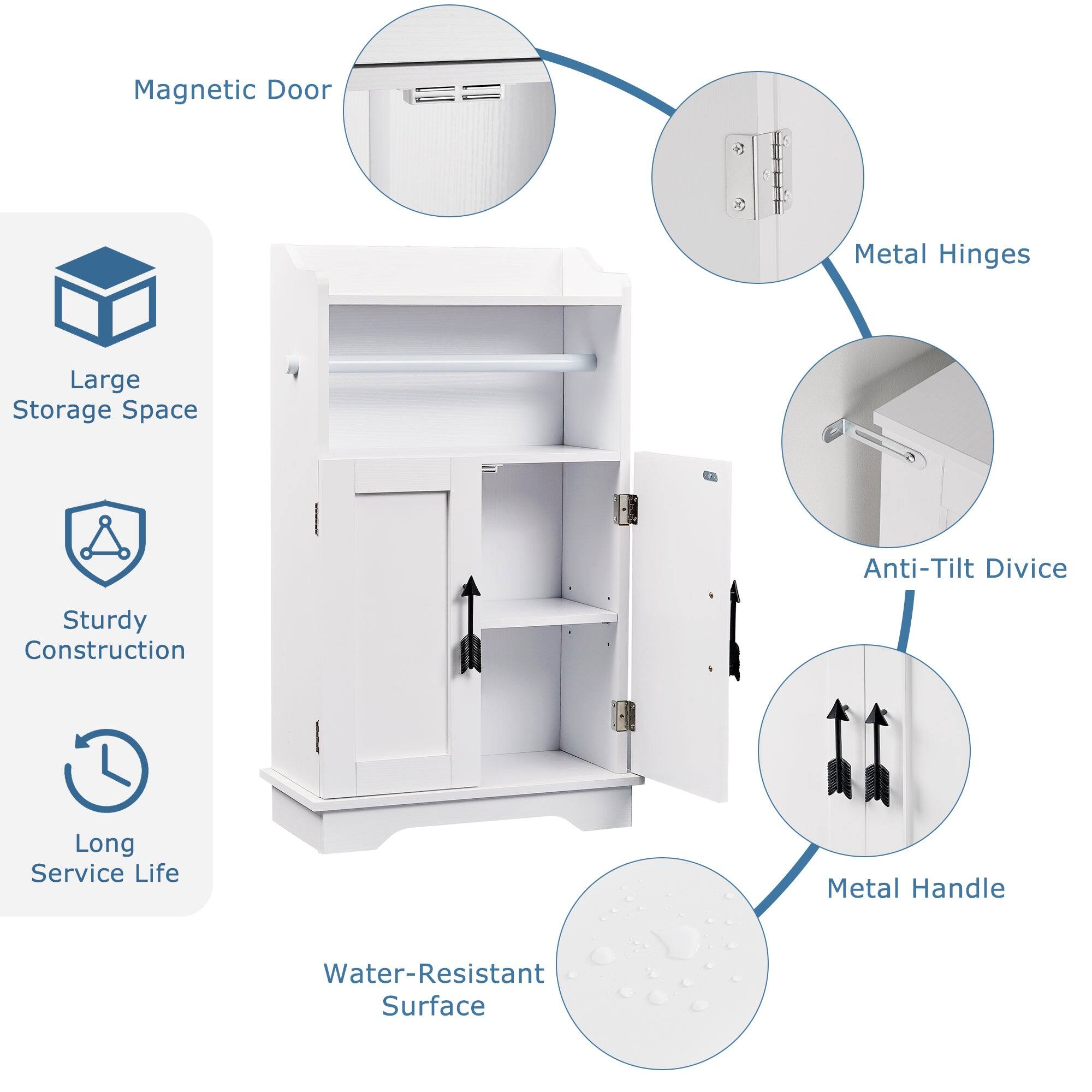 Magnetic Door  
Metal Hinges  
Anti-Tilt Device  
Metal Handle  
Large Storage Space  
Sturdy Construction  
Long Service Life  
Water-Resistant Surface