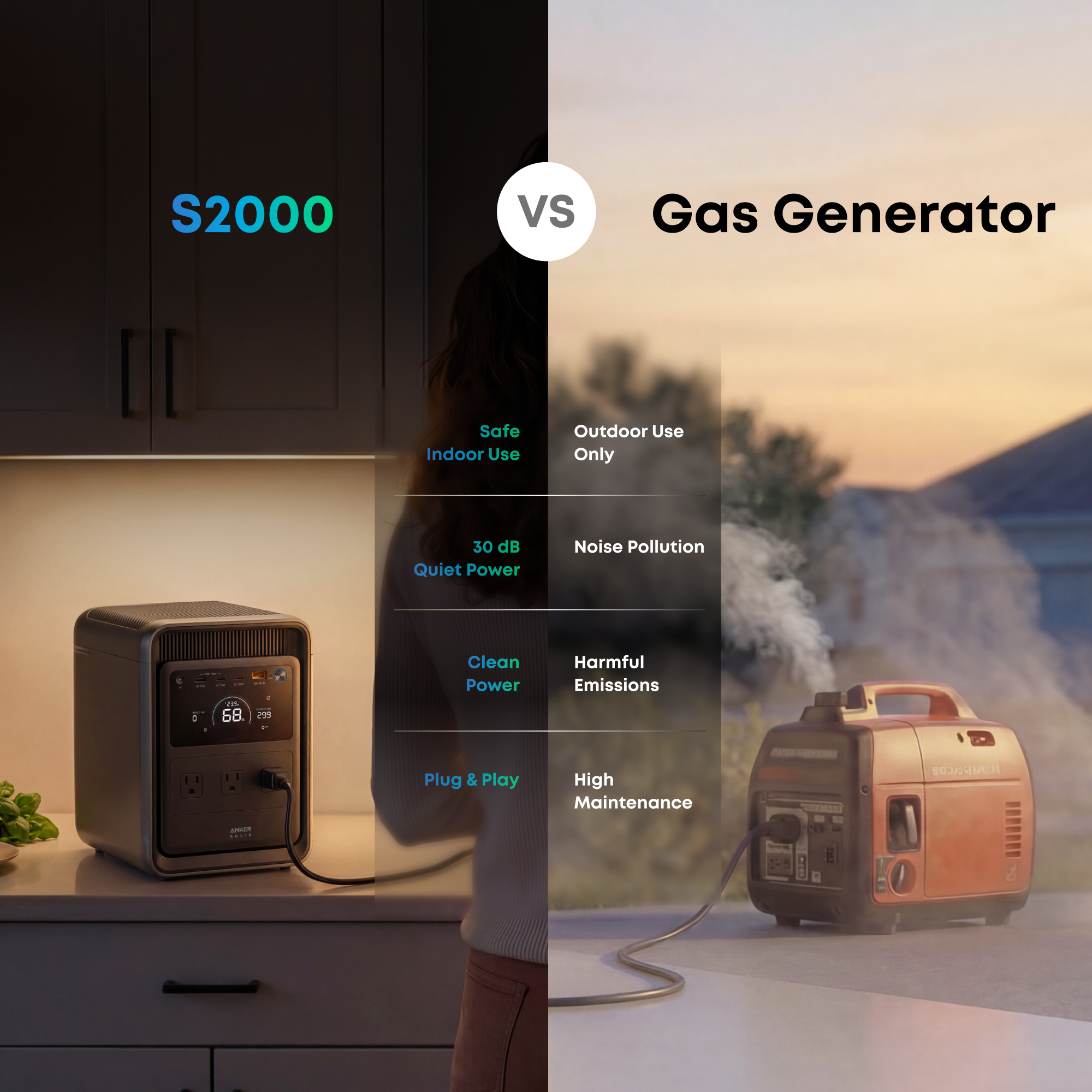 S2000 Vs Gas Generator

Safe Indoor Use
30 dB Quiet Power
Clean Power
Plug & Play

Outdoor Use Only
Noise Pollution
Harmful Emissions
High Maintenance