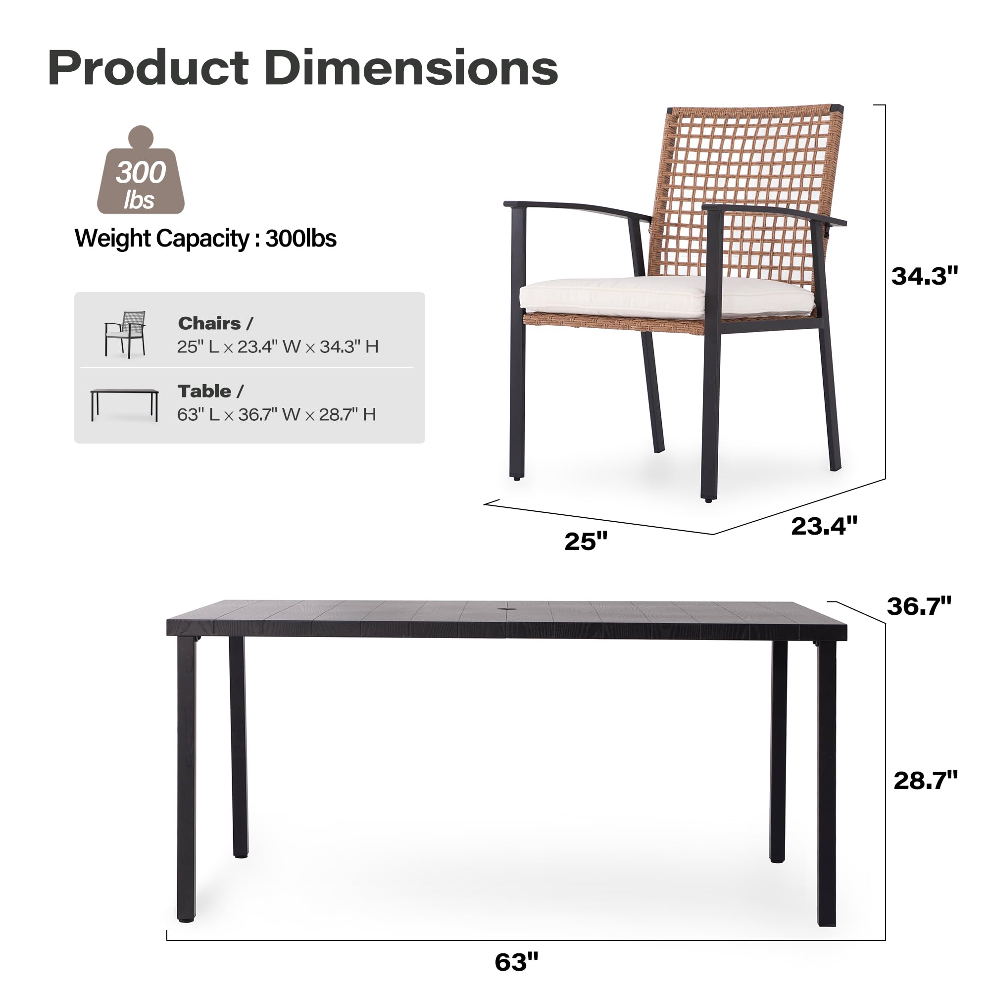 Product Dimensions  
Weight Capacity: 300 lbs  

Chairs / 25" L x 23.4" W x 34.3" H  
Table / 63" L x 36.7" W x 28.7" H