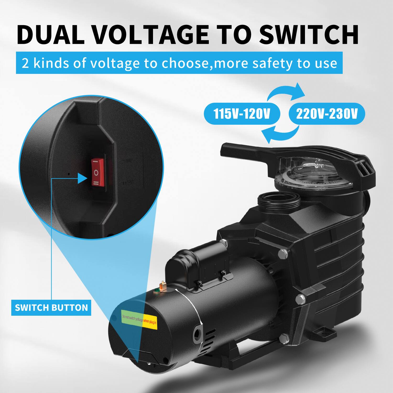 DUAL VOLTAGE TO SWITCH  
2 kinds of voltage to choose, more safety to use  

115V-120V  
220V-230V  

SWITCH BUTTON
