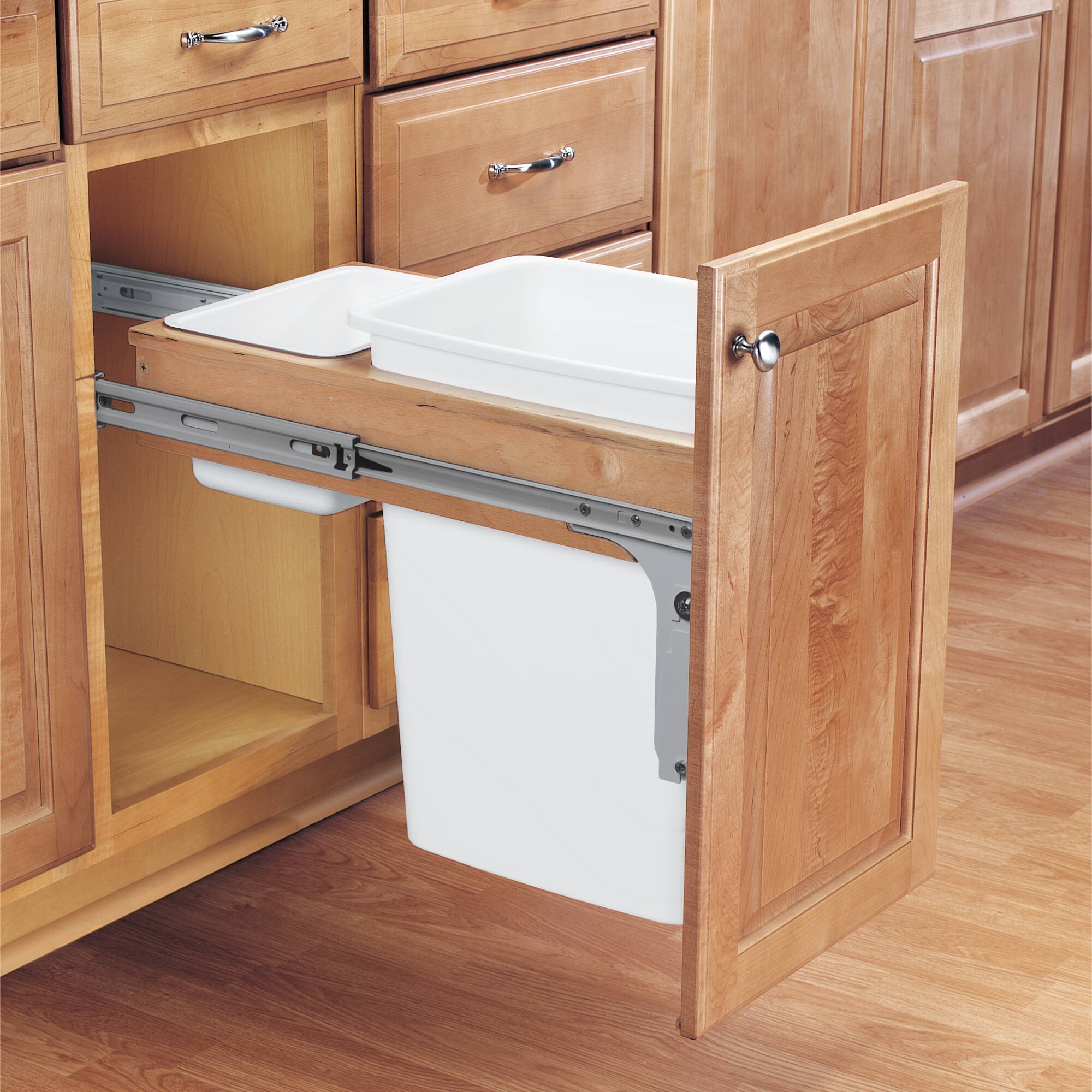 Alt View 1. Rev-A-Shelf - Rev-A-Shelf Single Pullout Top Mount Trash Can 35 qt., White, 4WCTM-12DM1-175 - Light Brown.