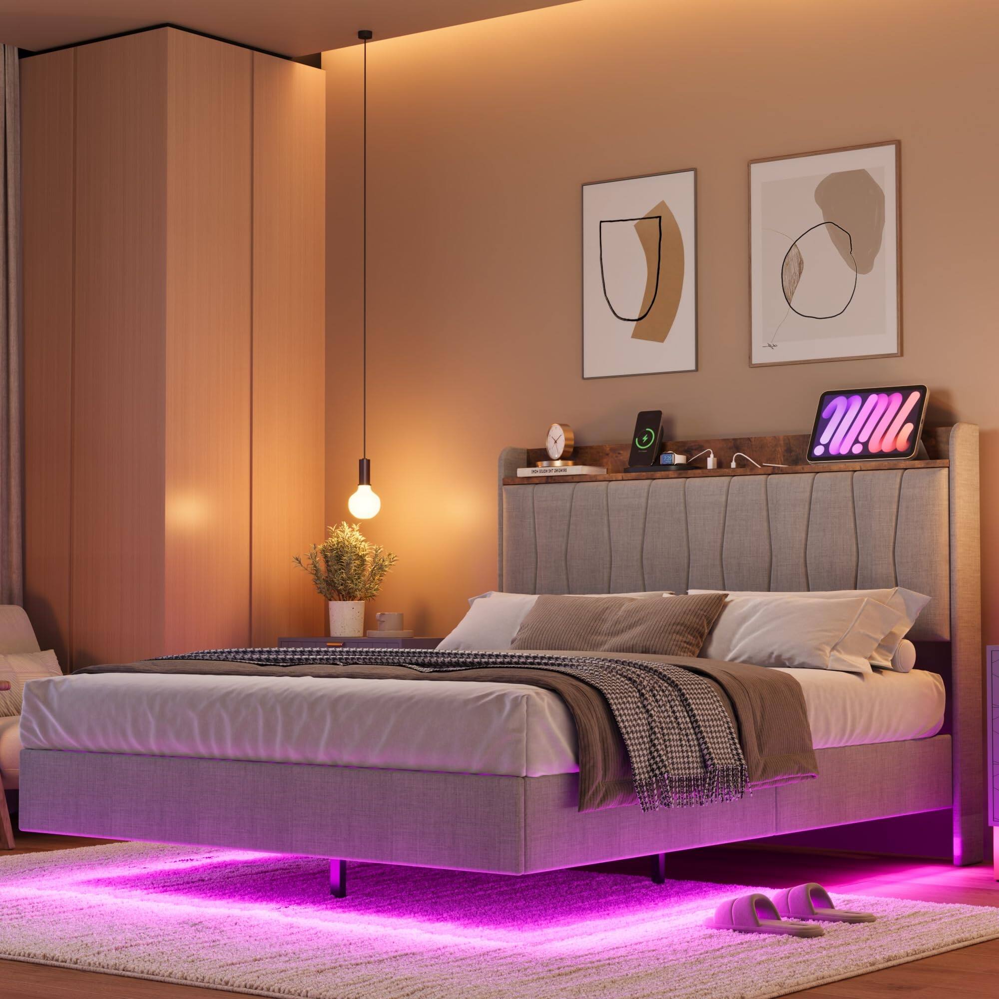 Alt View 4. Homhougo - King Floating Bed Frame with LED Lights & Charging Station, Upholstered Platform Bed with Storage Headboard - Gray.