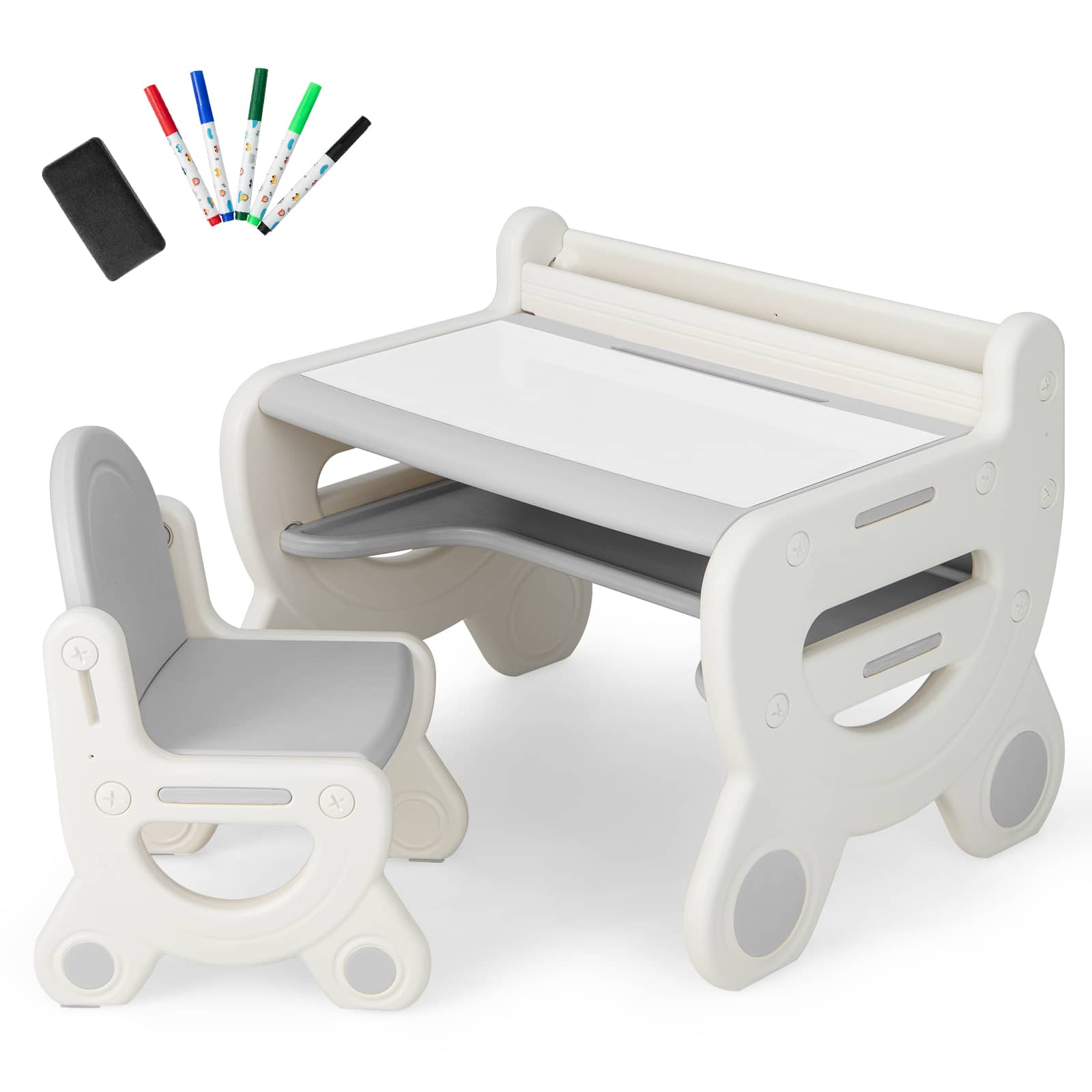 Costway - Kids Drawing Table & Chair Set for Reading Playing with Pens & Blackboard Eraser - Gray+White