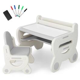 Costway - Kids Drawing Table & Chair Set for Reading Playing with Pens & Blackboard Eraser - Gray+White