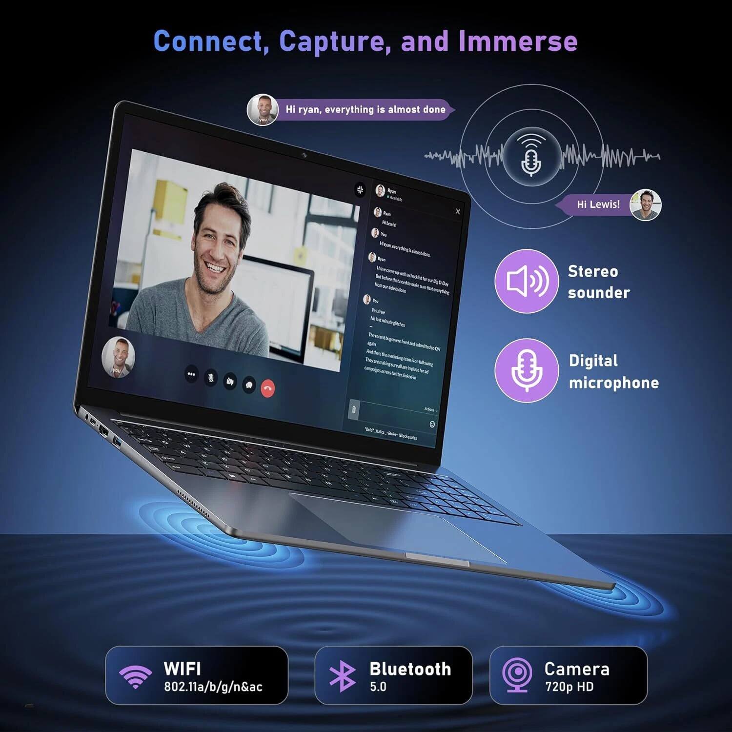Connect, Capture, and Immerse

Hi ryan, everything is almost done

Hi Lewis!

Stereo sounder

Digital microphone

WIFI 802.11a/b/g/n/ac

Bluetooth 5.0

Camera 720p HD