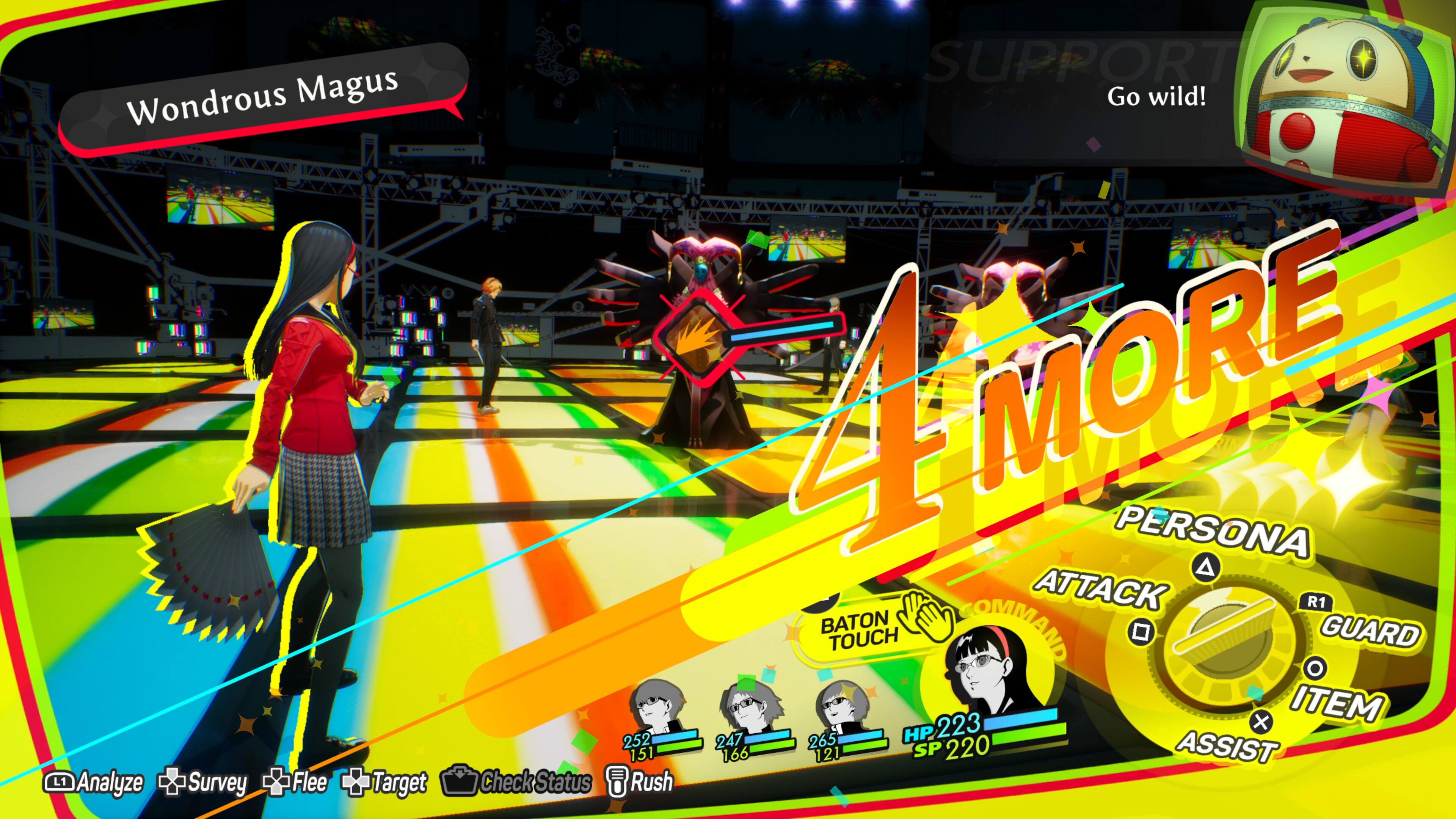 Wondrous Magus L1 Analyze Survey Flee : Target 252 151 Check Status  Rush SUPPORT Go wild! 4 MORE PERSONA A ATTACK R1 BATON COMMAND  GUARD TOUCH O 223 x ITEM 247 265 HP 166 121 SP 220 ASSIST