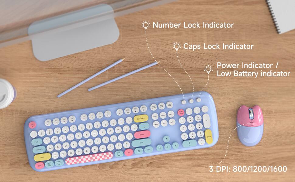 Number Lock Indicator  
Caps Lock Indicator  
Power Indicator / Low Battery indicator  

1 2 3 4 5 6 7 8 9 0  
Q W E R T Y U I O P  
A S D F G H J K L  
Z X C V B N M  

F1 F2 F3 F4 F5 F6 F7 F8 F9 F10 F11 F12  
Esc Tab Caps Lock Shift Z X C V B N M  
Ctrl Fn Alt Spacebar  

DPI: 800/1200/1600