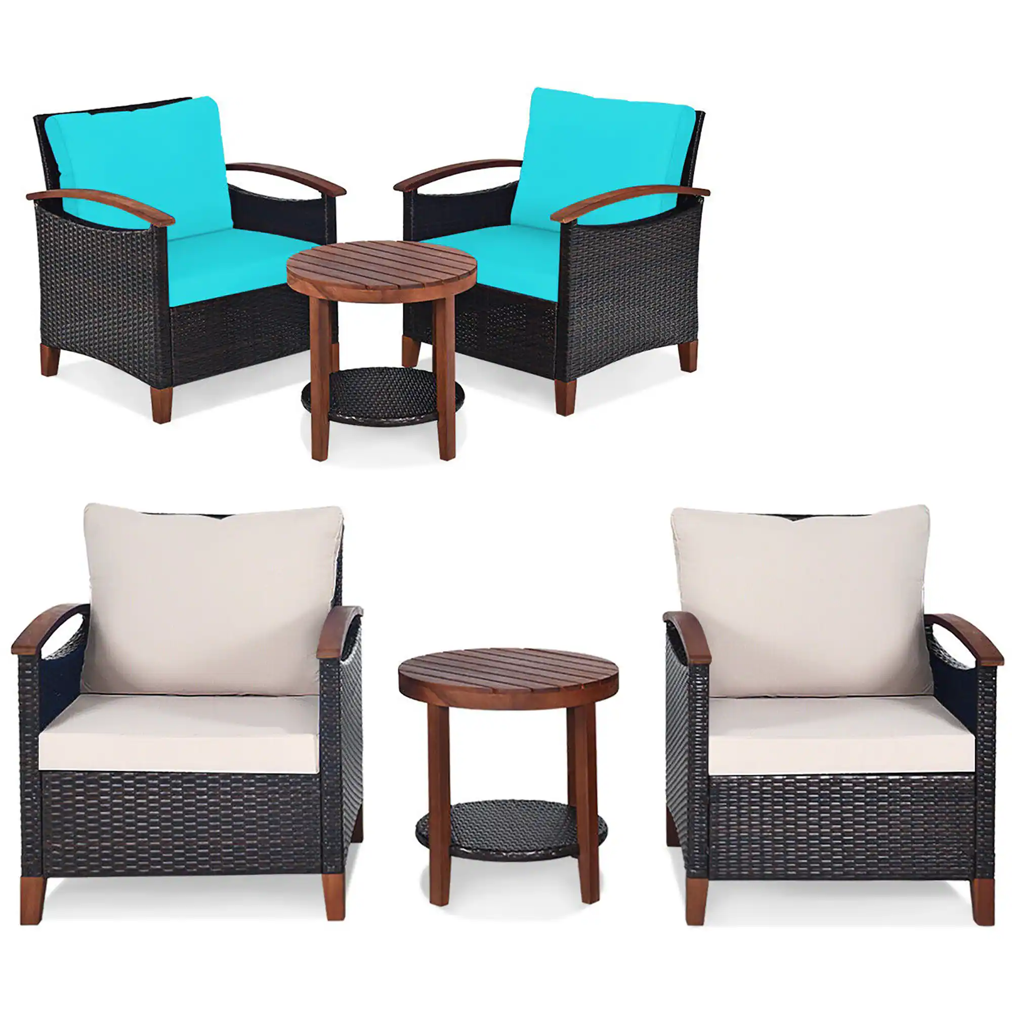 Front. Gymax - Gymax 3PCS Patio Wicker Sofa Set Acacia Wood Frame w/ Cushion Covers Beige & Turquoise - Beige,Turquoise.