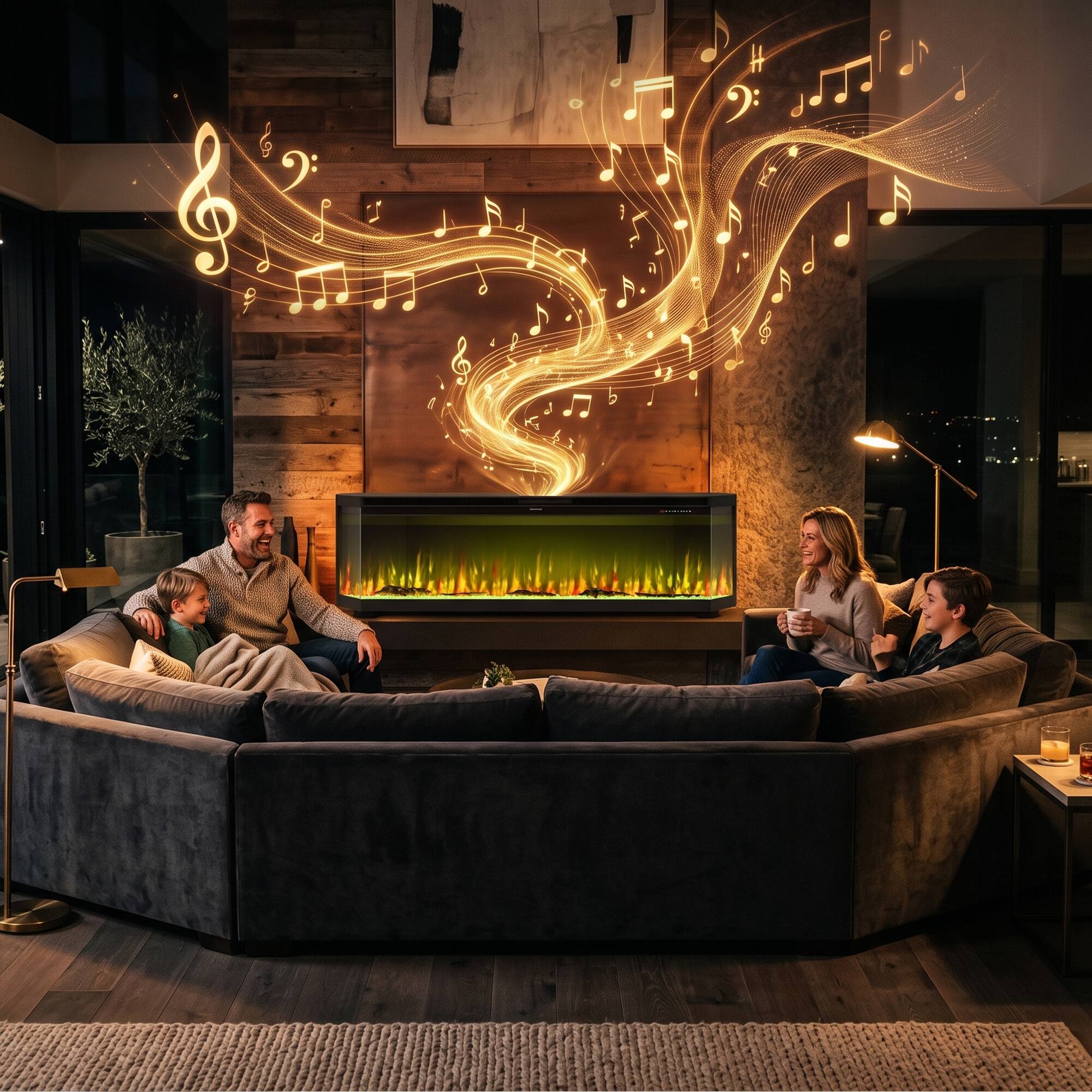Back. Famapy - Smart Electric Fireplace with 3-Sided Glass, 16 Flame Colors, Stereo Speakers and 1500W Heater.