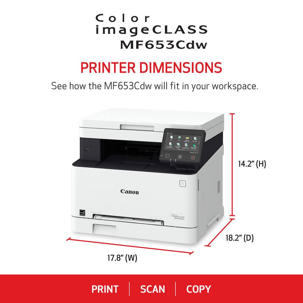 Color imageCLASS MF653Cdw

PRINTER DIMENSIONS

See how the MF653Cdw will fit in your workspace.

14.2" (H)  
18.2" (D)  
17.8" (W)

PRINT | SCAN | COPY