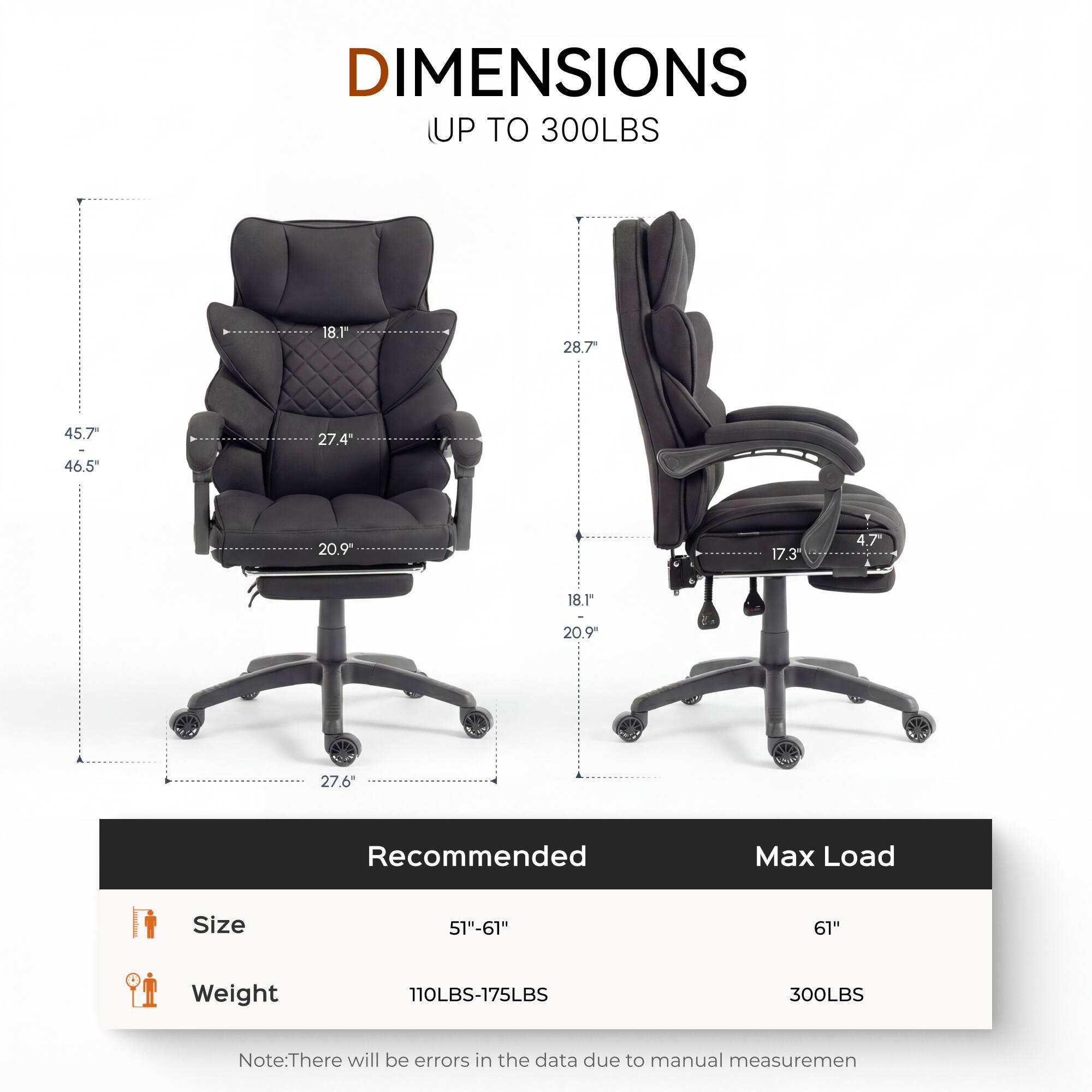 DIMENSIONS UP TO 300LBS

- 18.1"
- 28.7"
- 45.7"
- 46.5"
- 27.4"
- 20.9"
- 17.3"
- 4.7"
- 18.1"
- 20.9"
- 27.6"

Recommended Max Load Size
- 51"-61"
- 61"

Weight
- 110LBS-175LBS
- 300LBS

Note: There will be errors in the data due to manual measurement.