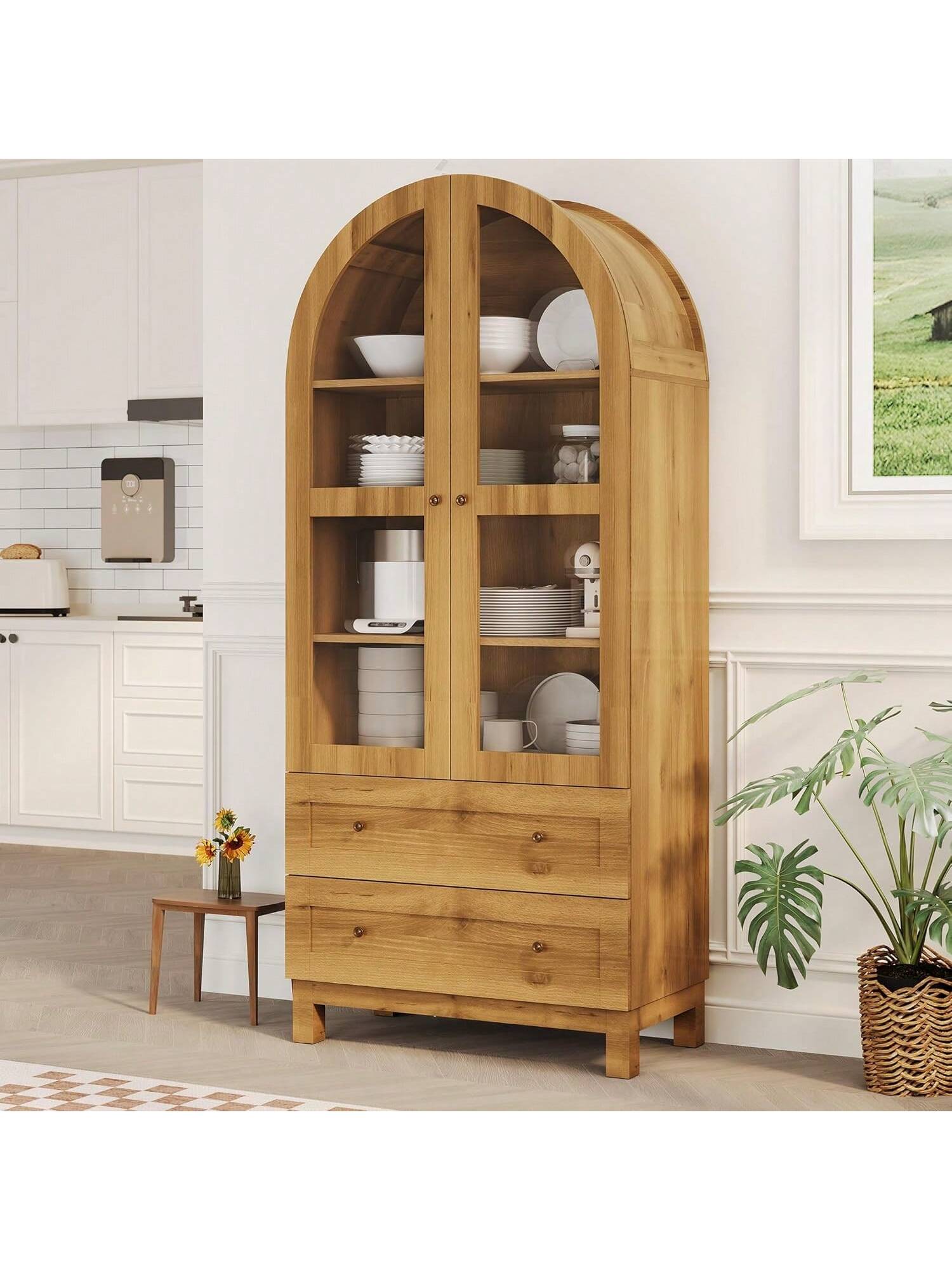 Alt View 4. GARVEE - 71" Tall Arched Kitchen Pantry Cabinet, Modern Storage Cabinet with 2 Drawers and Glass Door, Dining Room - Natural.