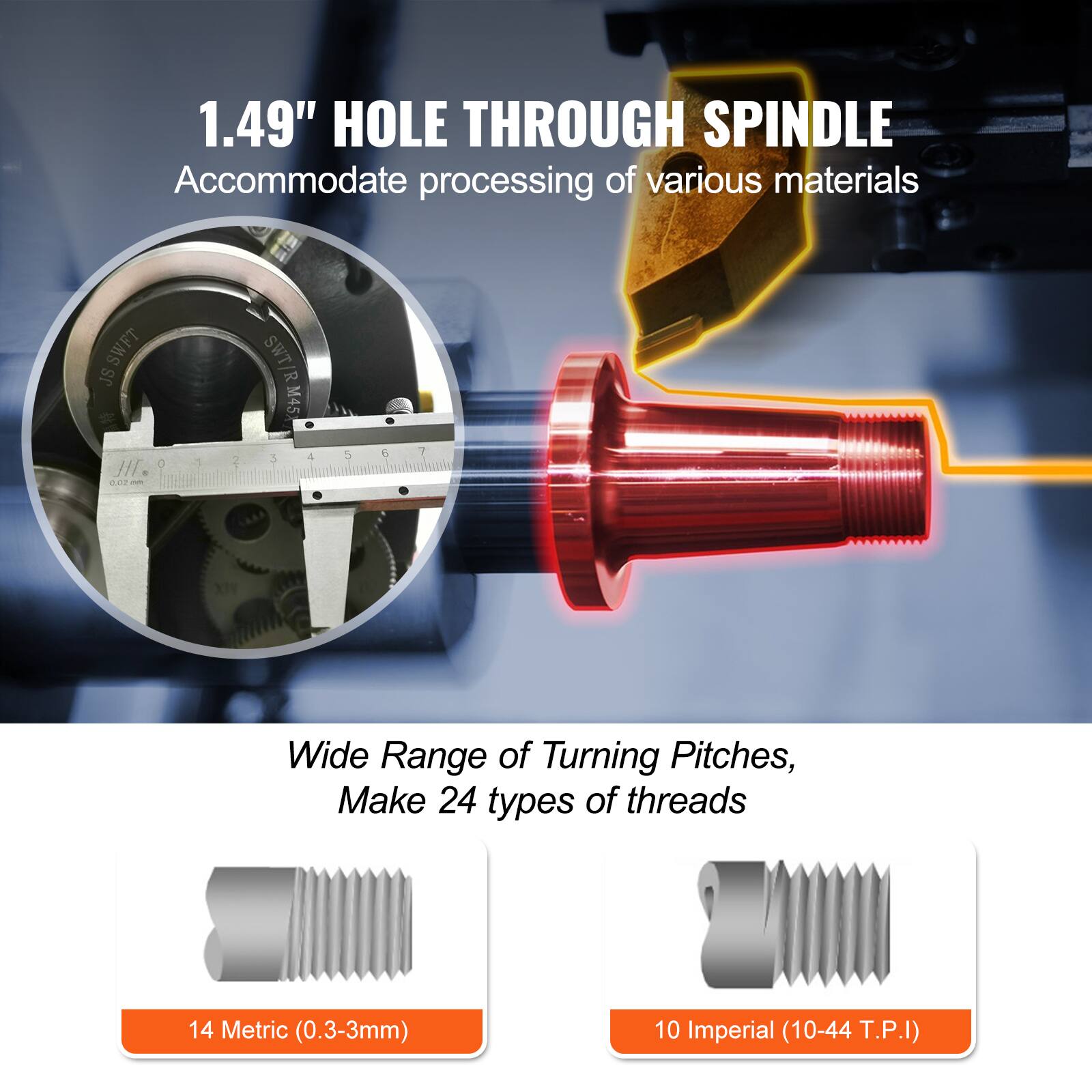 1.49" HOLE THROUGH SPINDLE  
Accommodate processing of various materials

JS SWFT THE 0.02  
0  
1  
2  
SWT M45 3  
4  
5  
6  
7

Wide Range of Turning Pitches, Make 24 types of threads  
14 Metric (0.3-3mm)  
10 Imperial (10-44 T.P.I)