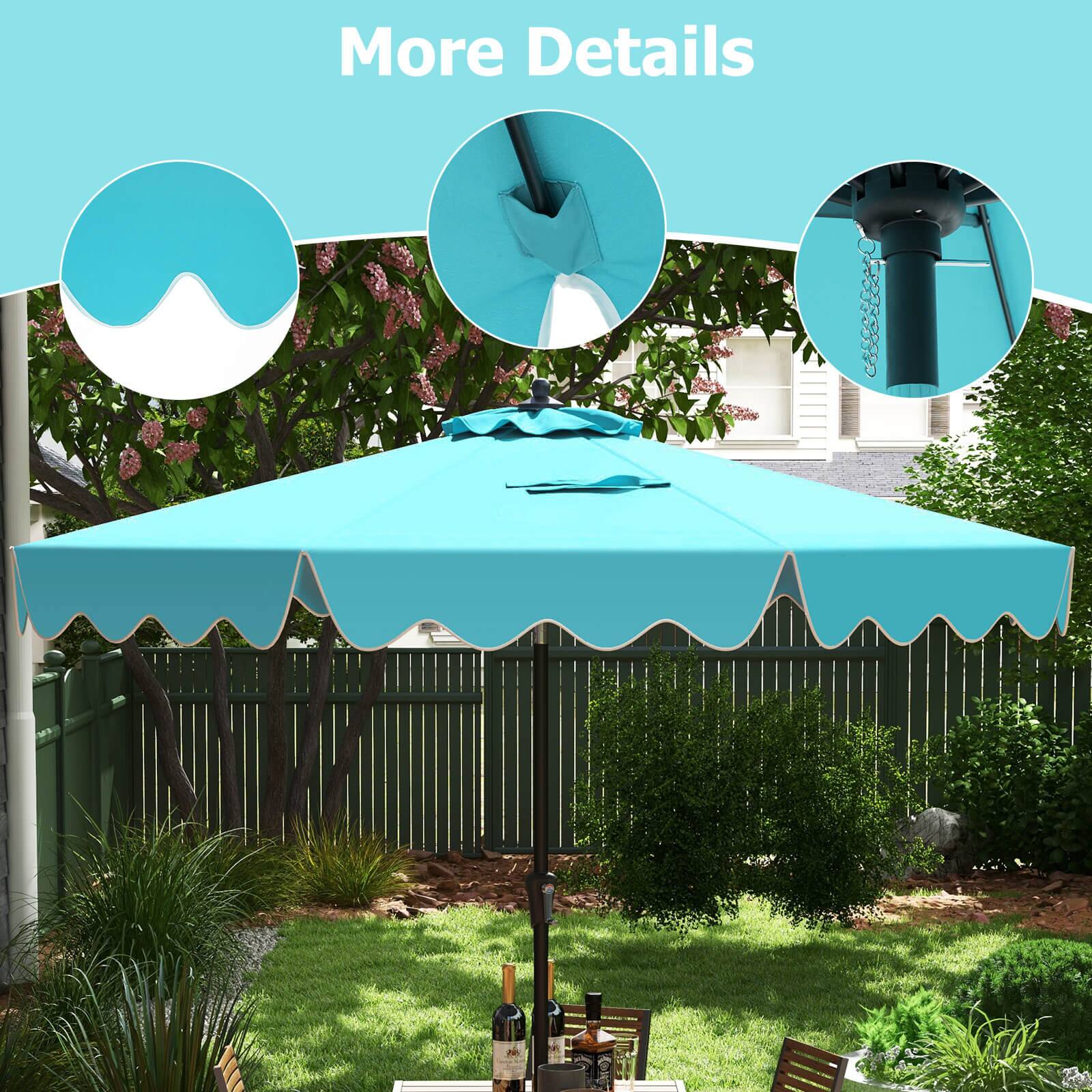 The image features a blue umbrella set up in a backyard, providing shade for a table and chairs. The umbrella is open, covering the table and chairs underneath it. There are several bottles placed around the table, possibly containing drinks or condiments. The backyard is surrounded by a fence, adding a sense of privacy to the outdoor space. The scene is set up for a relaxing outdoor dining experience, with the umbrella offering protection from the sun or light rain.