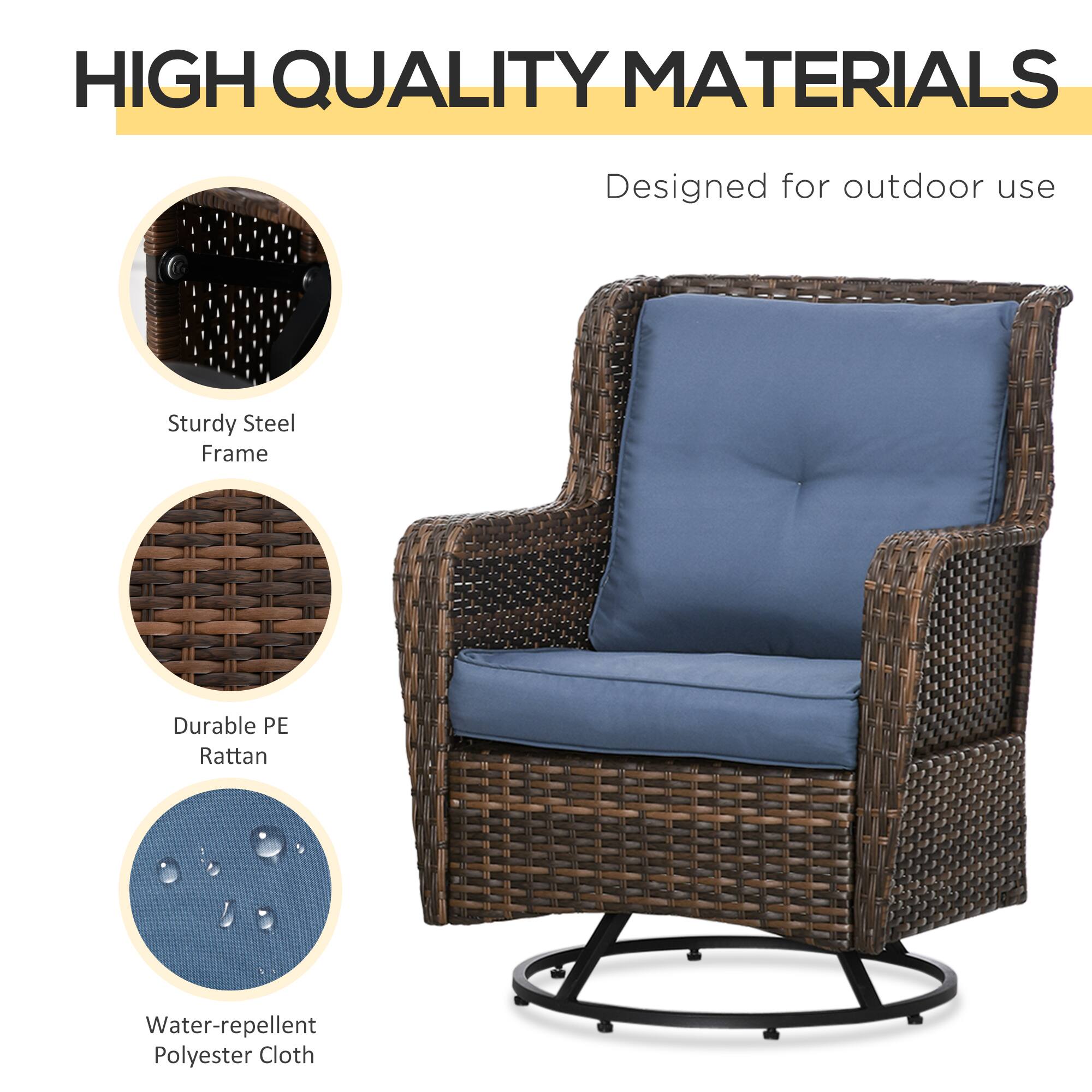 HIGH QUALITY MATERIALS
Designed for outdoor use
Sturdy Steel Frame
Durable PE Rattan
Water-repellent Polyester Cloth