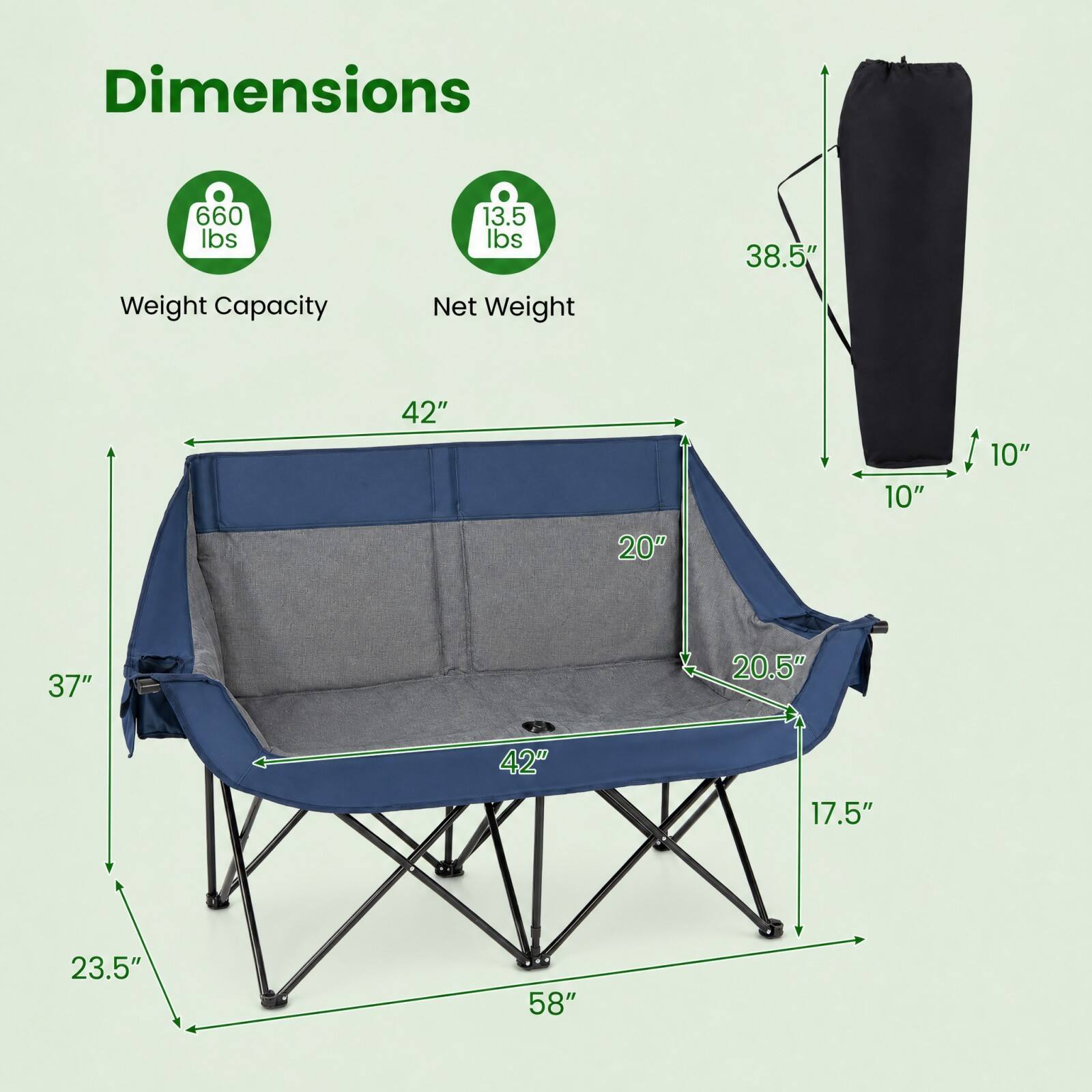 Dimensions
- Weight Capacity: 660 lbs
- Net Weight: 13.5 lbs
- 38.5"
- 42"
- 10"
- 10"
- 20"
- 20.5"
- 37"
- 17.5"
- 23.5"
- 58"