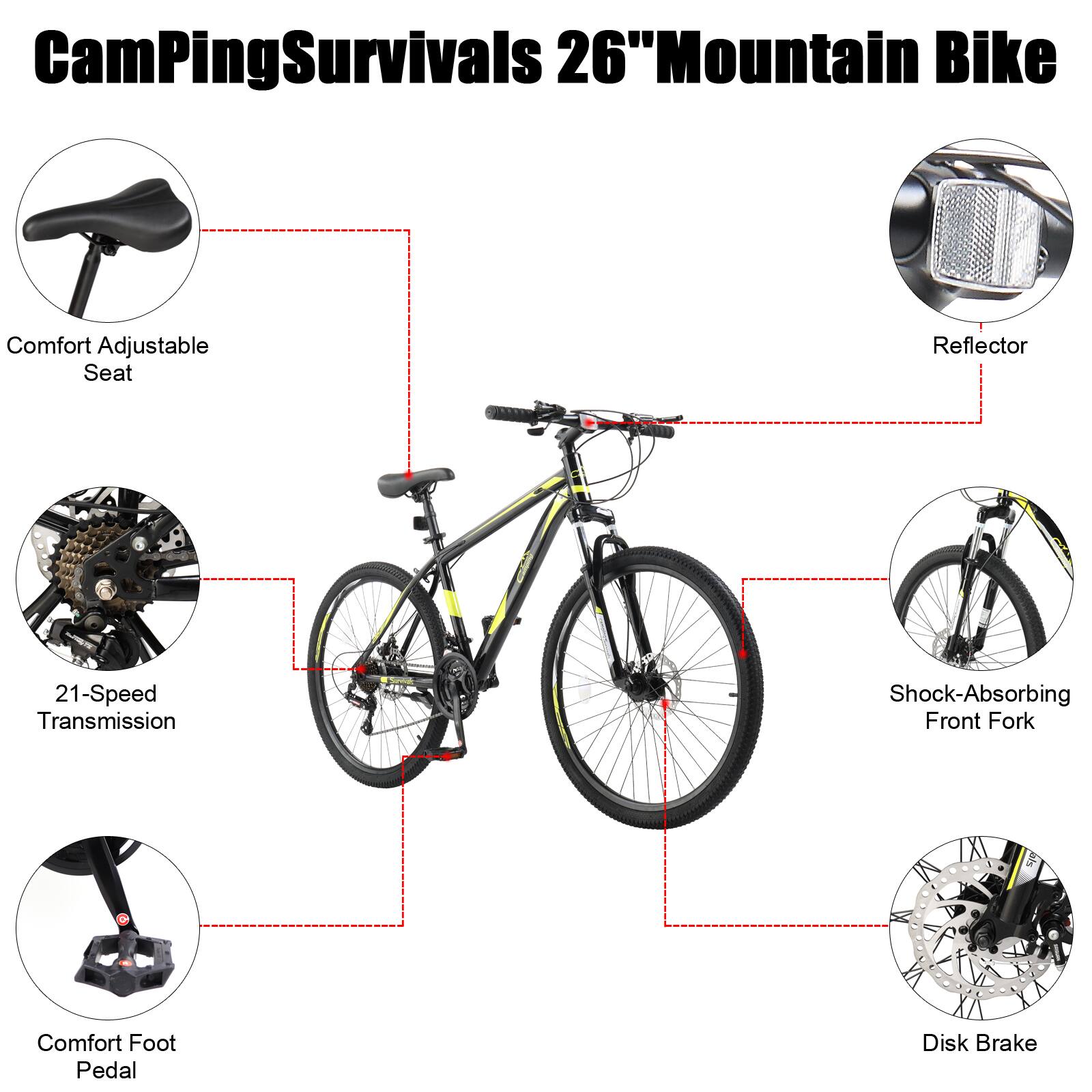 Alt View 1. Winado - 26" Front Suspension Mountain Bike 21 Speeds Men Women Bikes Bicycle MTB Bike - Black & yellow.