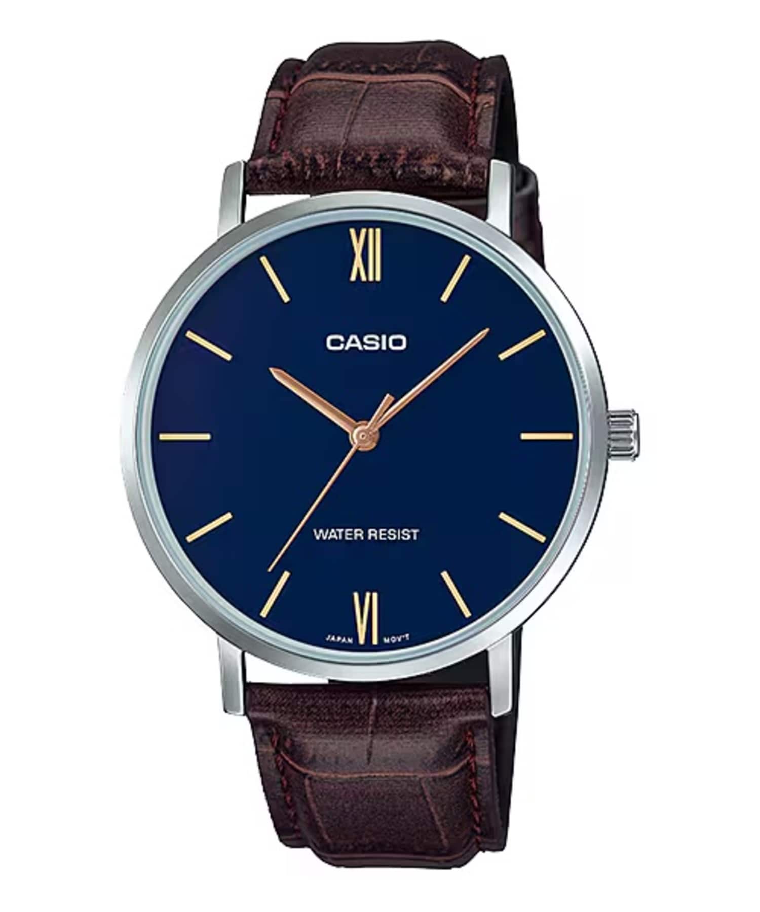 Casio - Men’s Leather Watch with Blue Dial – MTP-VT01L-2BUDF - Brown