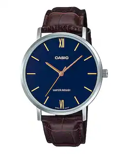 Casio - Men’s Leather Watch with Blue Dial – MTP-VT01L-2BUDF - Brown
