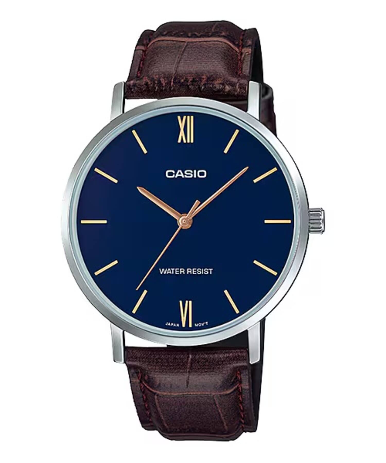 Casio - Men’s Leather Watch with Blue Dial – MTP-VT01L-2BUDF - Brown