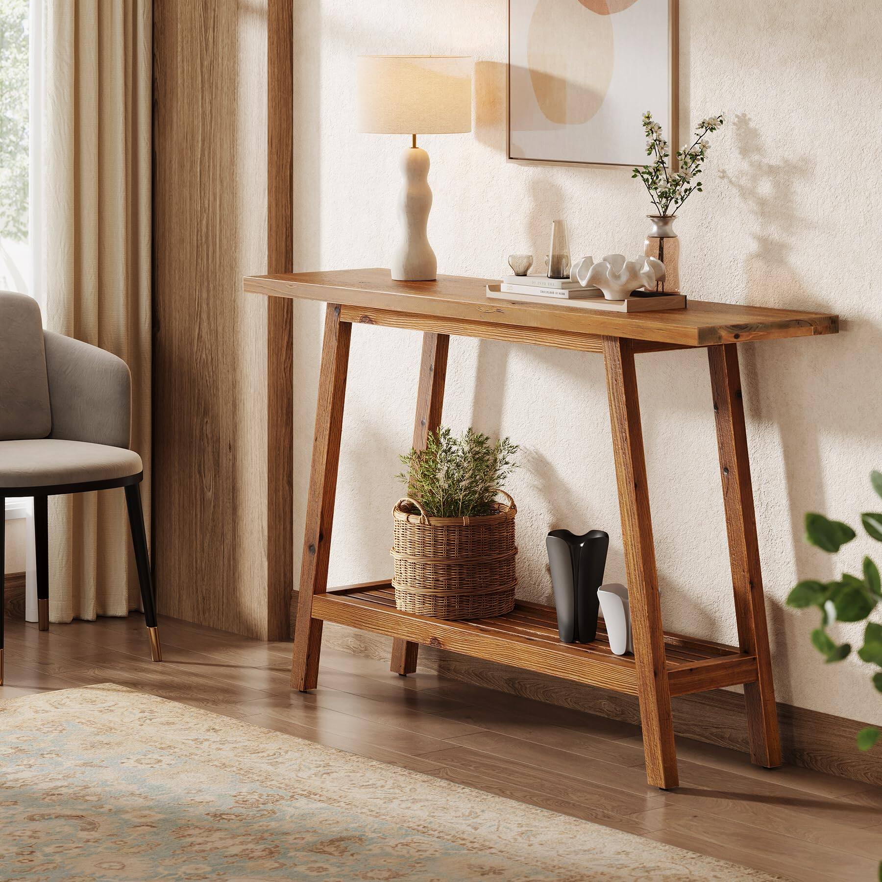 Alt View 4. Tribesigns - Solid Wood Console Table, 41.3" Entryway Table with Storage Shelf, 2 Tiers Narrow Skinny Sofa Table for Hallway, Entranc - Brown.