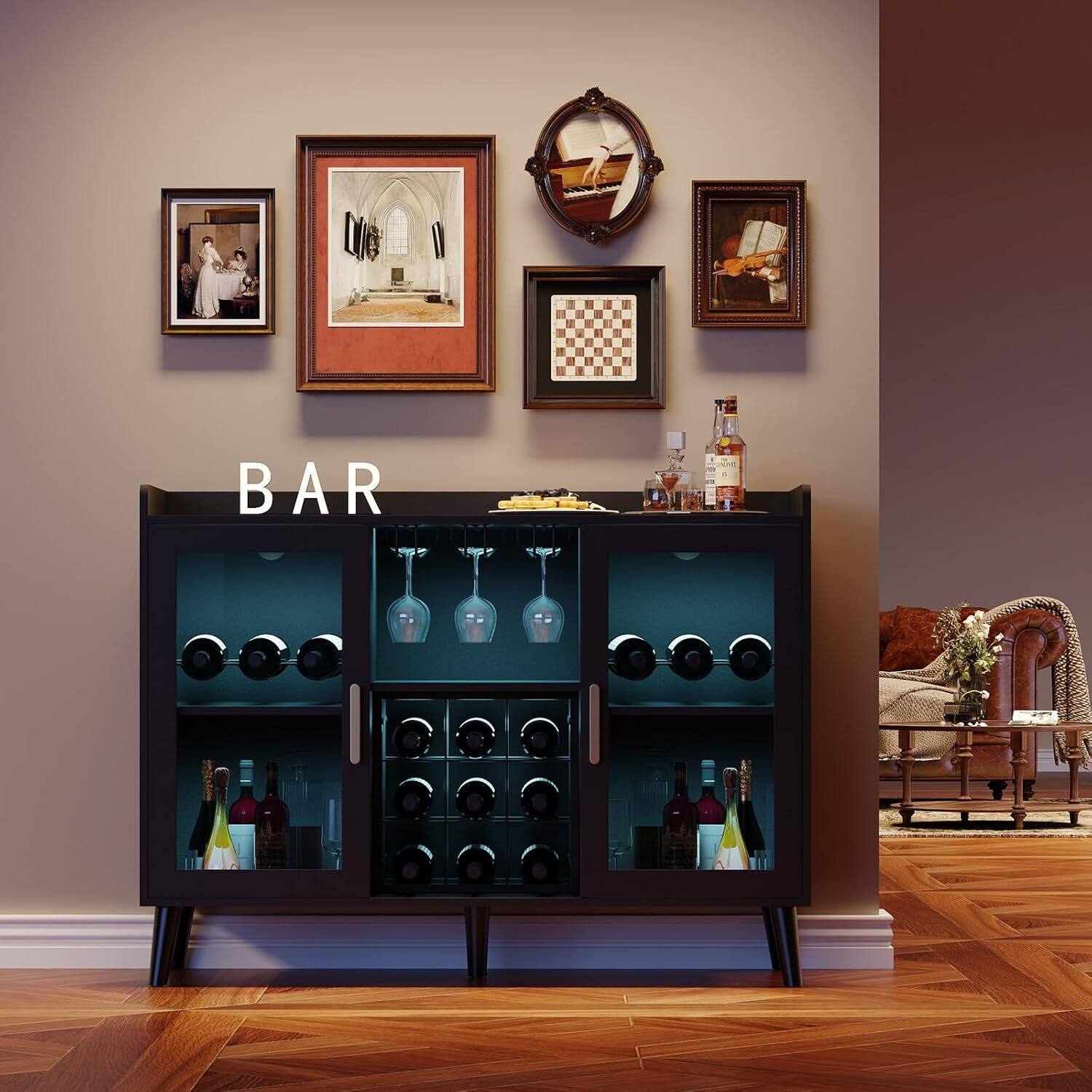 Left. GARVEE - Black Freestanding Liquor Cabinet with LED Light Wine Bar Cabinet for Home Wine and Coffee Bar with Wine Rack - Black.