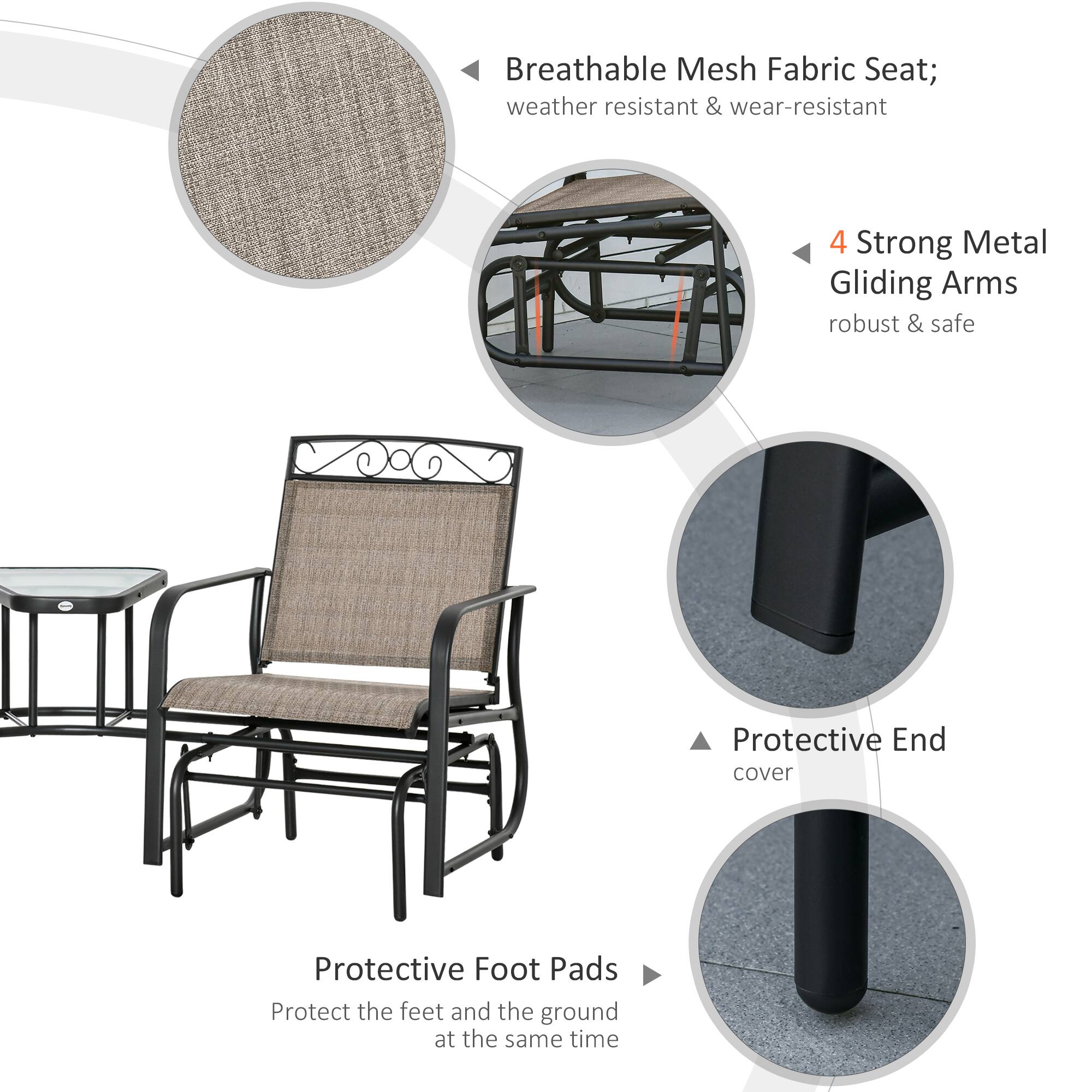 Breathable Mesh Fabric Seat; weather resistant & wear-resistant, 4 Strong Metal Gliding Arms robust & safe, Protective End cover, Protective Foot Pads Protect the feet and the ground at the same time