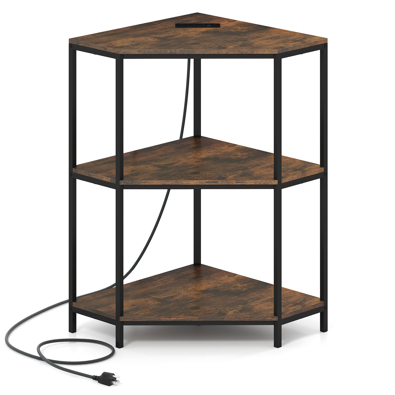 Front. Gymax - Gymax 3-Tier Corner Printer Stand w/Charging Station & Metal Frame for Living Room - Black.