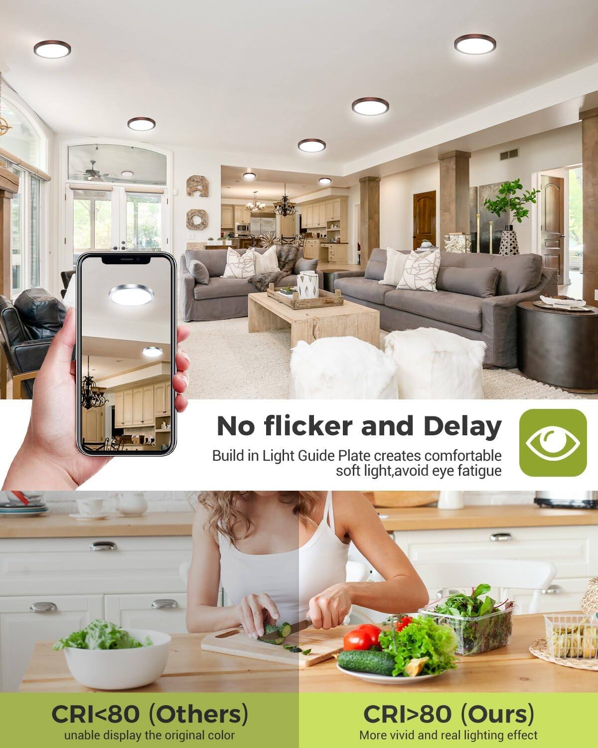 No flicker and Delay  
Build in Light Guide Plate creates comfortable soft light, avoid eye fatigue  

CRI<80 (Others) unable display the original color  
CRI>80 (Ours) More vivid and real lighting effect